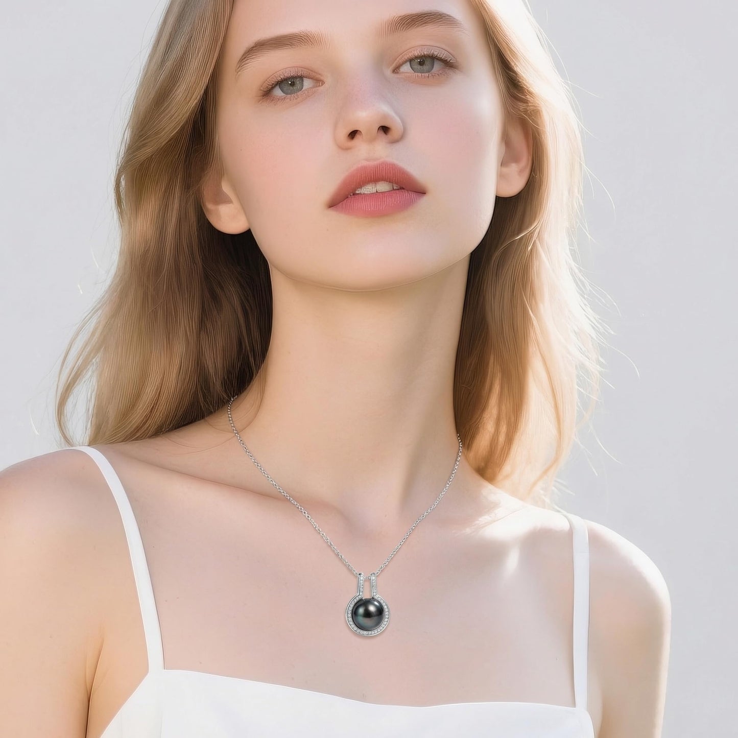 Tahitian Black Pearl Necklace for Women, 9-10mm Black Pearl -Sterling Silver Moissanite Pendant, Wedding Anniversary, Birthday, Christmas Gift for Wife, Mom, Girlfriend, Fine Jewelry