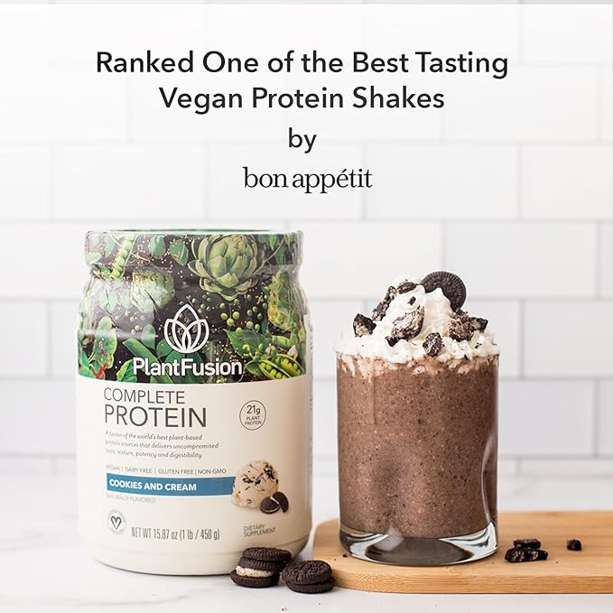 PlantFusion Complete Vegan Protein Powder - Plant Based Protein Powder with BCAAs, Digestive Enzymes and Pea Protein - Keto, Gluten Free, Soy Free, Non-Dairy, No Sugar, Non-GMO - Cookies & Cream 2 lb