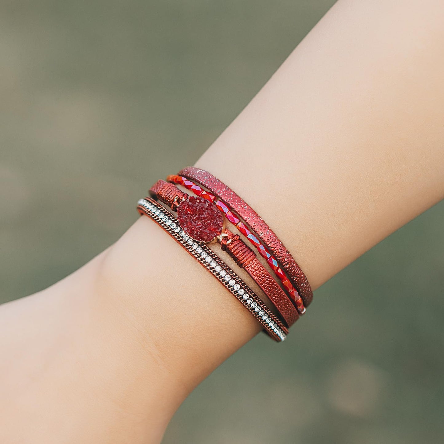 FANCY SHINY Boho Leather Wrap Bracelet Stackable Chunky Crystal Cuff Bracelets with Magnetic Clasp Cowboy Cowgirl Western Summer Beach Outfits Jewelry Gifts for Women (7.7", Burgundy)
