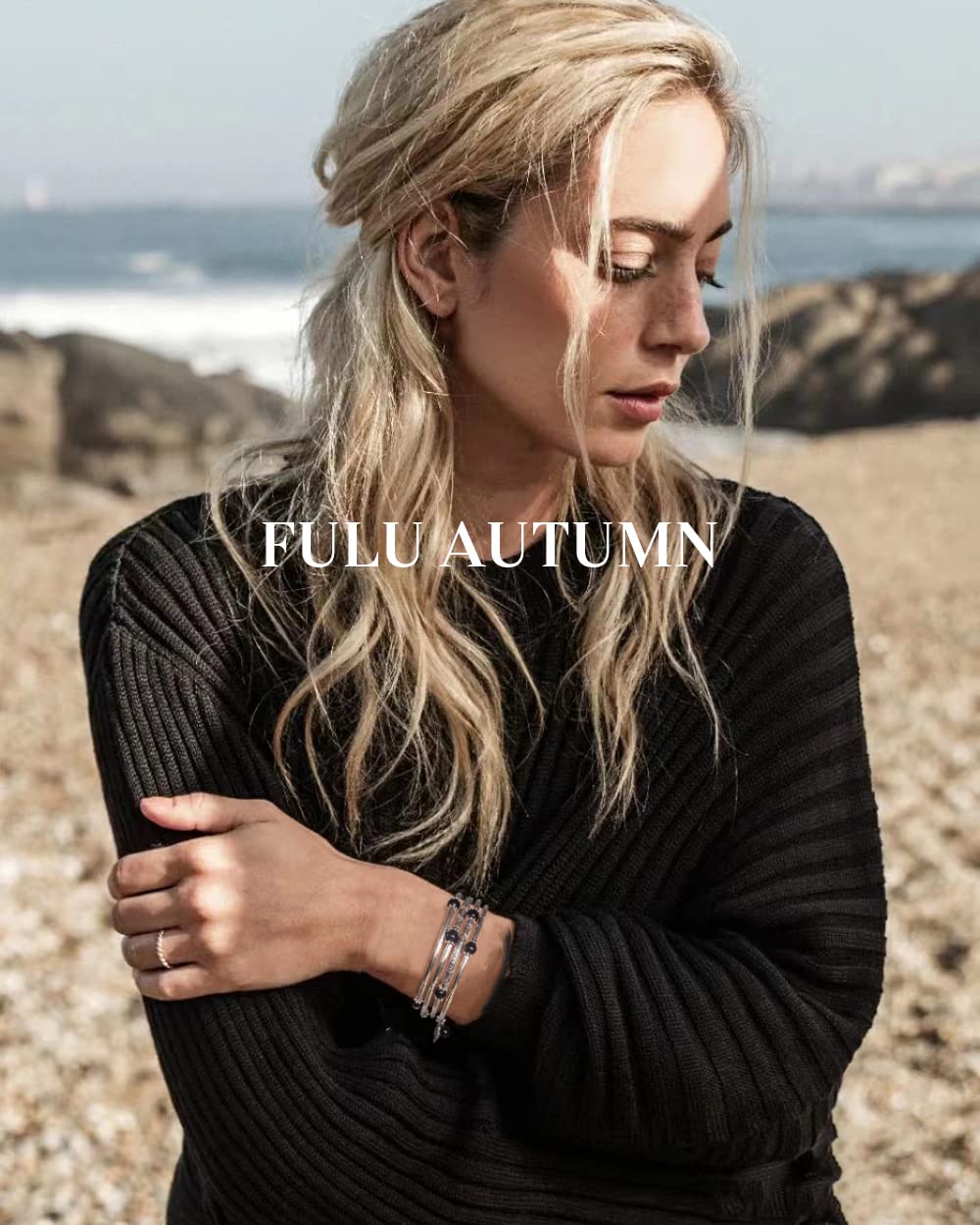 FULU AUTUMN Beaded Bangle Bracelets for Women Silver Wrap Bangles Bracelet Womens Costume Jewelry Fashion Gift(Pearl black)