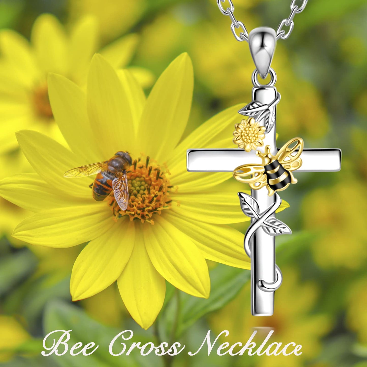 ZLILIJAN Cross Necklace 925 Sterling Silver Sunflower Bee Pendant You Are My Sunshine Honey Bee Jewelry Gifts for Women