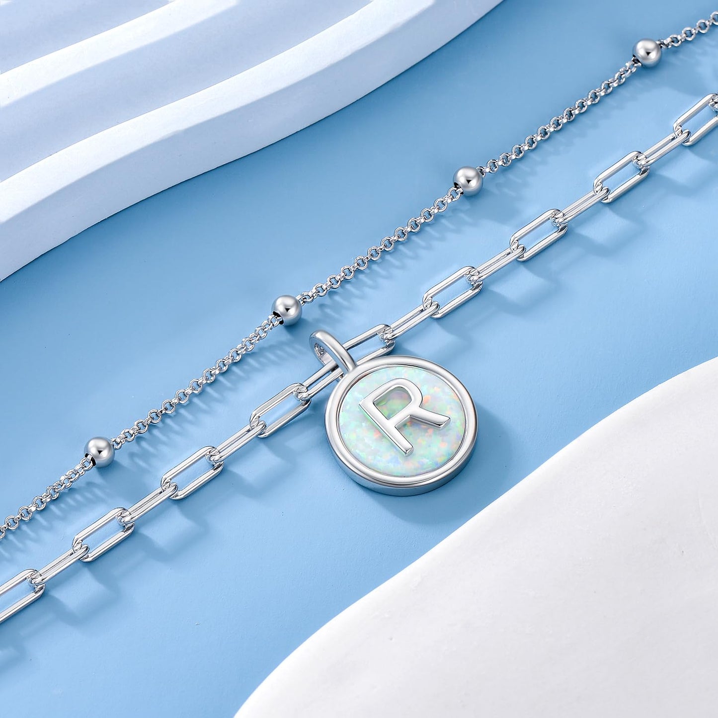 LWQQWL Initial R Bracelet for Women 925 Sterling Silver Layered Initial Bracelet Opal Letter 26 Alphabet Jewelry Christmas Gifts
