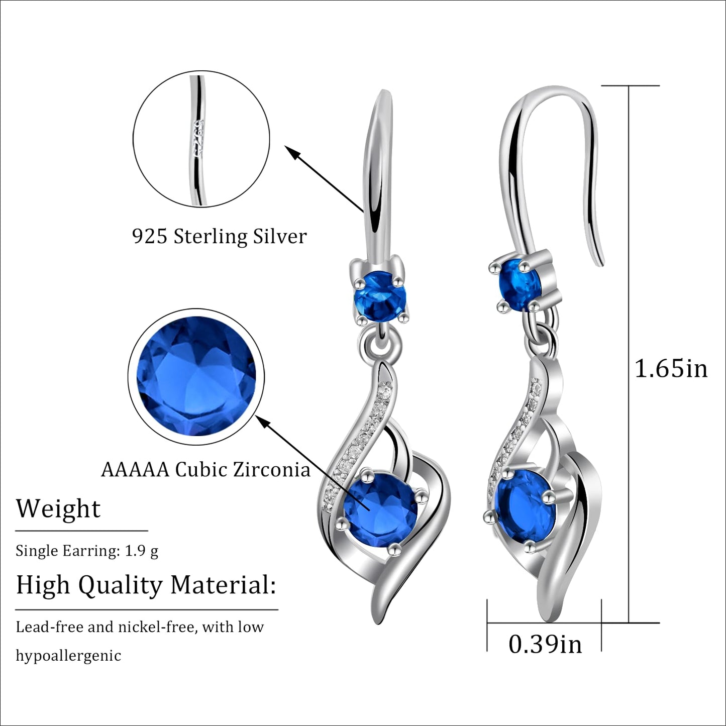 Heart Sapphire Drop Dangle Earrings-925 Sterling Silver with Blue Crystals-Long Birthstone Jewellery for Women