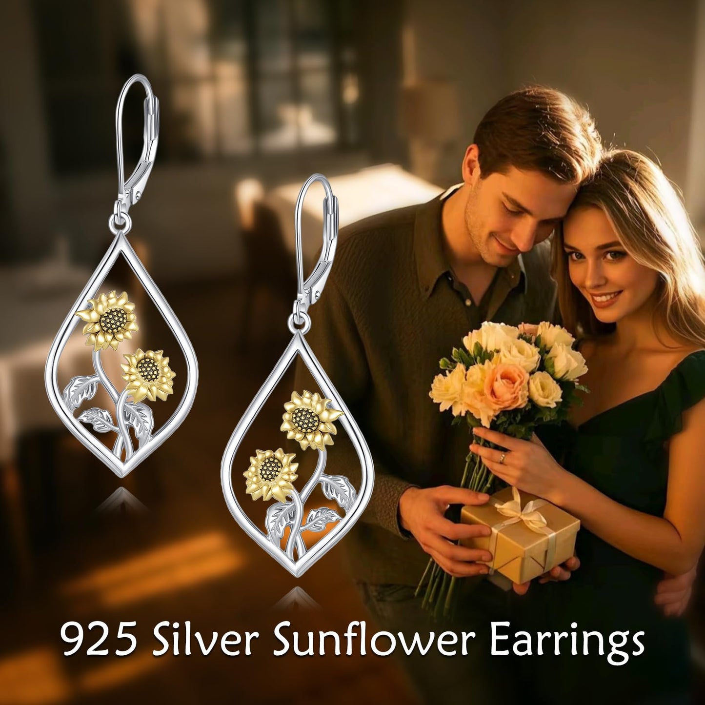 Sunflower Earrings Sterling Silver Flower Floral Dangle Dangling Drop Charm Earrings Boho Jewelry Christmas Gifts for Women