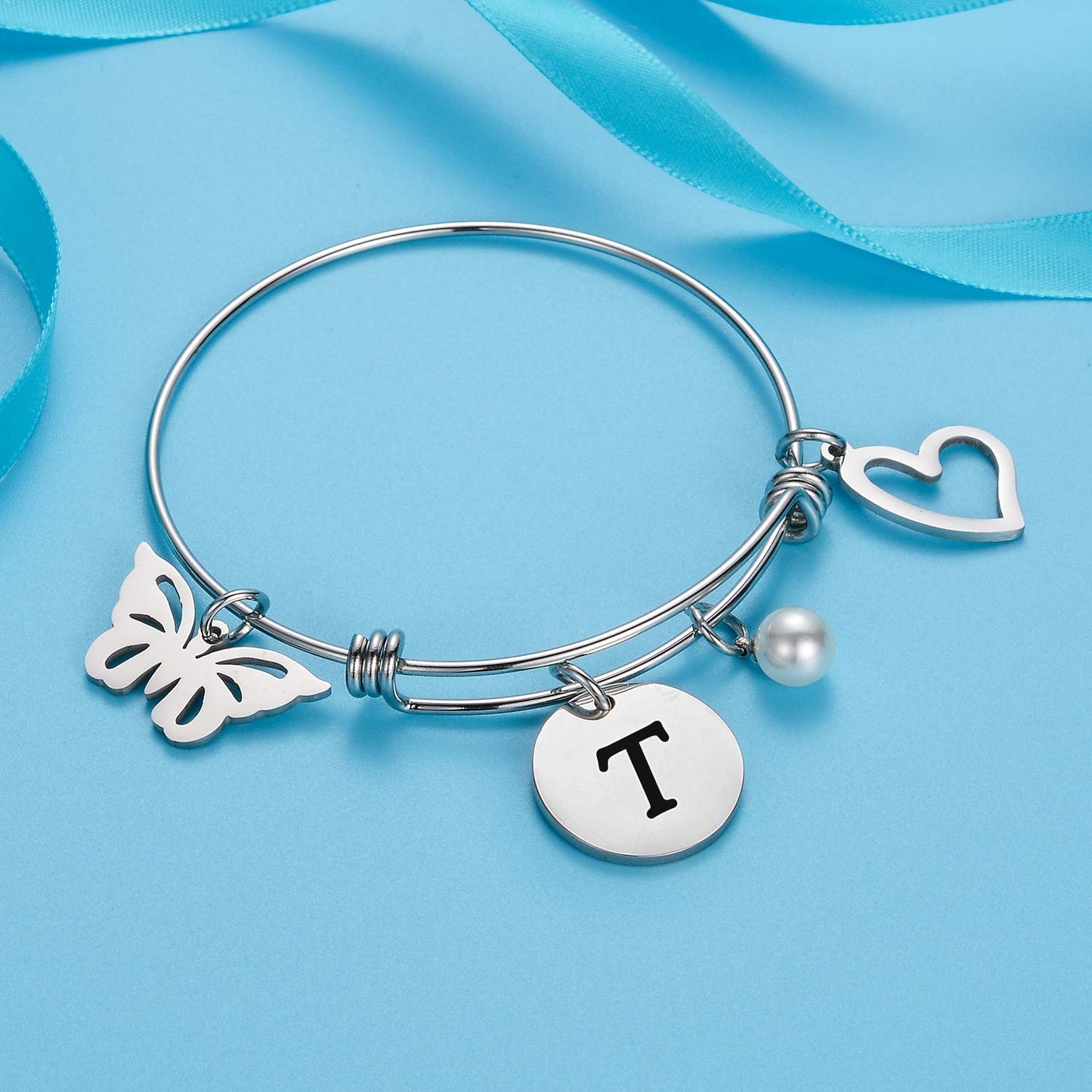 malyunin Initial Bracelet Charm Bracelets Heart Butterfly 26 Letters Alphabet Bracelet for Women Letter Bracelet Personalized Jewelry (T)