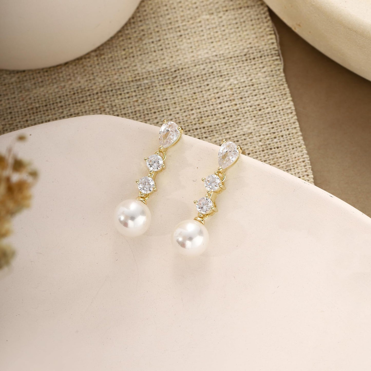 Pearl Earrings for Women Dainty Diamond Flower Earrings 14k Gold Plated Dangle Earrings for Women Weddings Gifts Bridesmaid Gifts