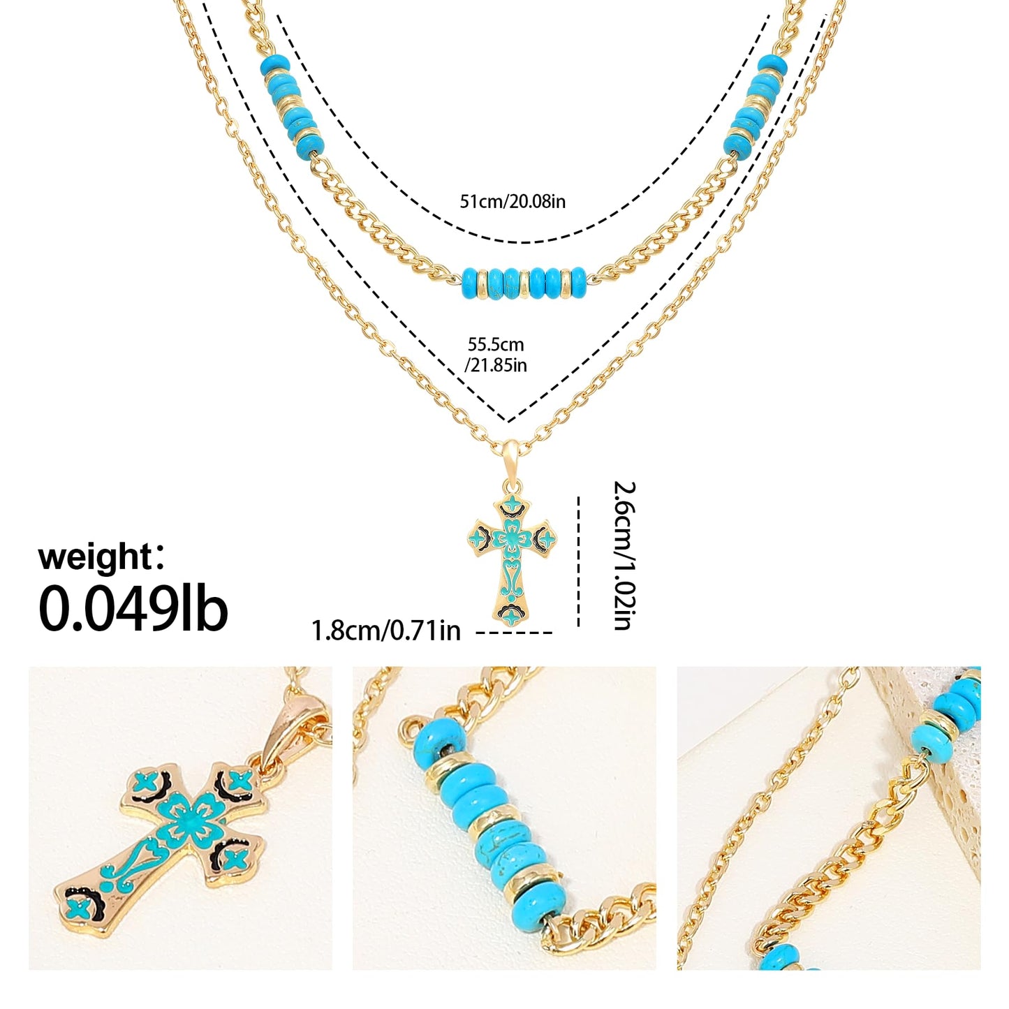 Bohemian Layered Turquoise Beaded Cross Necklace for Women, Turquoise Stone Beads Green Enamel Cross Pendant Necklace with Vintage Pattern Adjustable Gold Chain Boho Summer Beach Religion Jewelry Gift