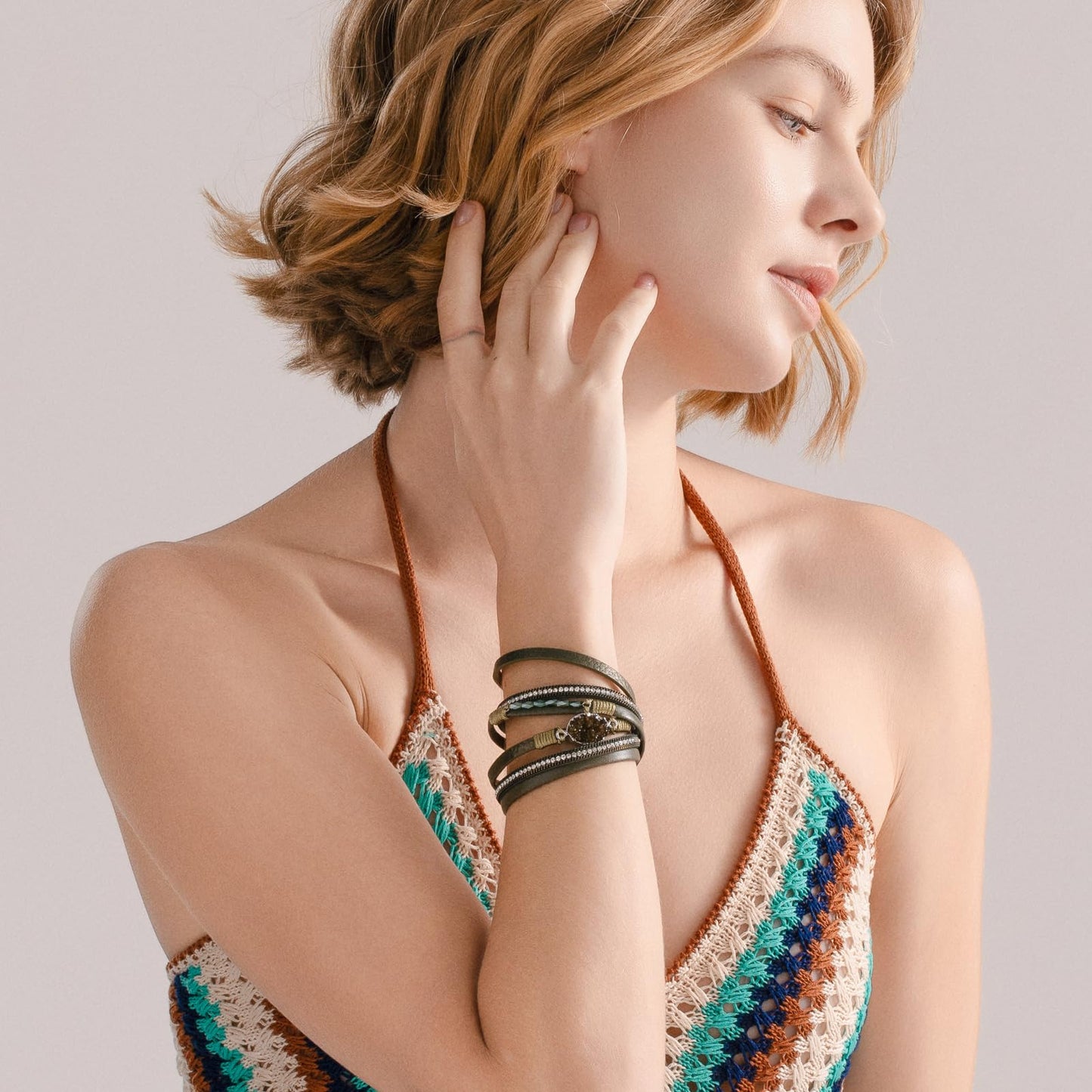 FANCY SHINY Boho Leather Wrap Bracelet Stackable Chunky Crystal Cuff Bracelets with Magnetic Clasp Cowboy Cowgirl Western Summer Beach Outfits Jewelry Gifts for Women (14.7", Green)