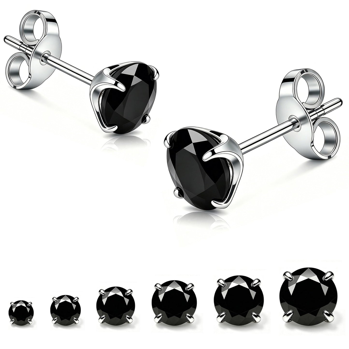 LNIEER 6 Pairs Surgical Steel Stud Earrings for Women, Hypoallergenic Fashion Earring Set, Premium Cubic Zirconia Studs Earrings 3-8mm (Black CZ)