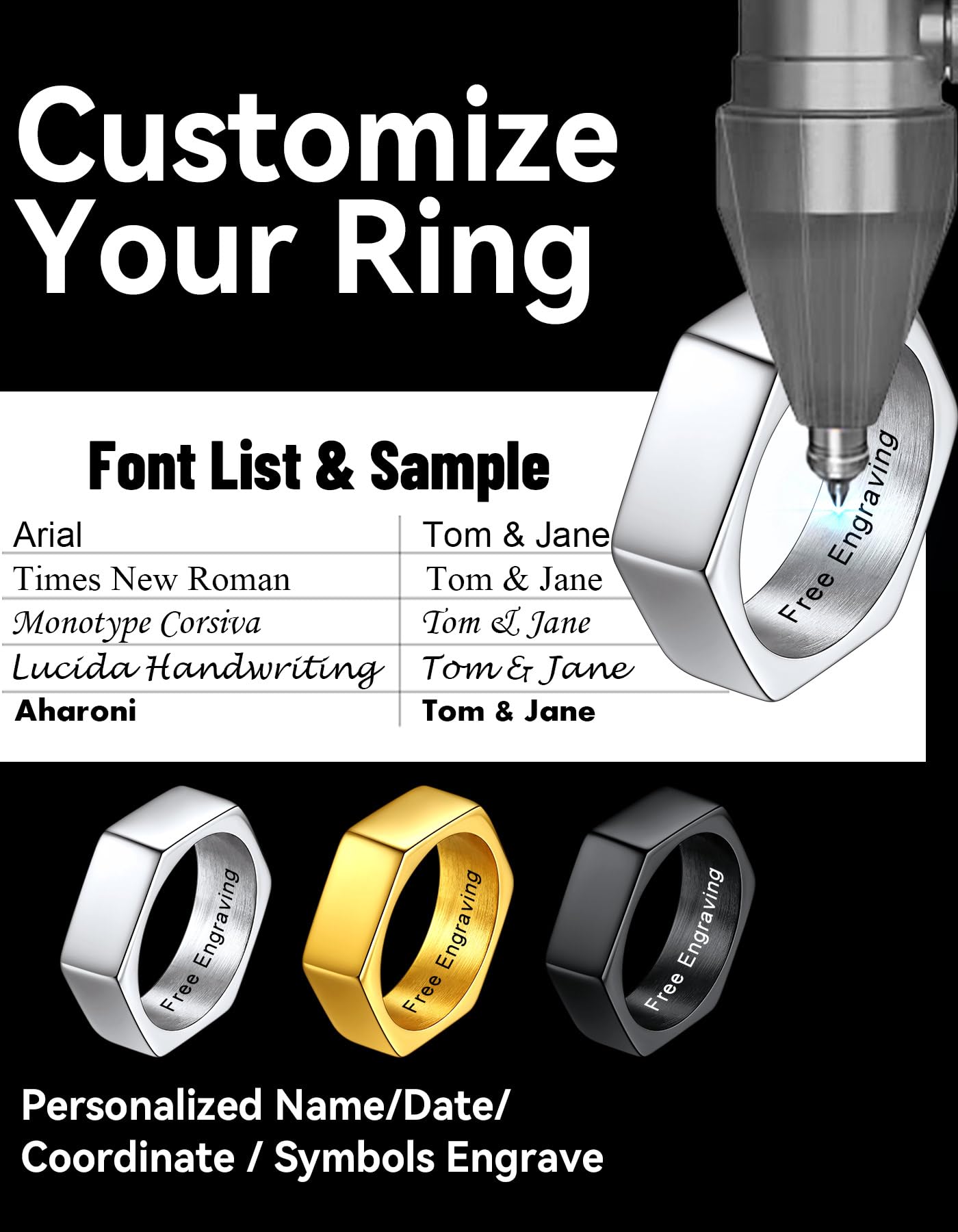 ChainsHouse Hexagon Ring Stainless Steel Geometric Biker Bands Custom Engraved Punk Jewelry for Men Women, Size 13
