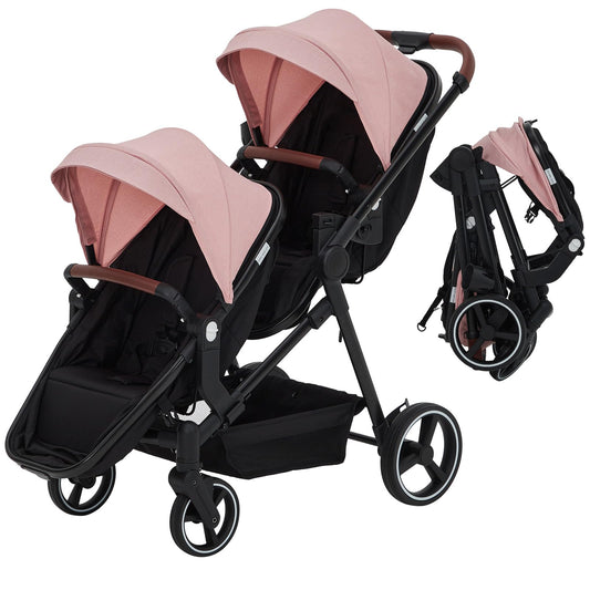 Double Tandem Stroller for Newborn & Toddler – Foldable Twin Pushchair with Reversible Seat, 5-Point Safety Harness, Adjustable Backrest & Canopy, Storage Basket