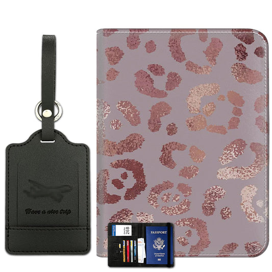 Passport Holder With Luggage Tag Set, Passport Cover With RFID Blocking, Multi-slot Passport Wallet, Waterproof Leather Travel Document Holder for Women Men, Leopard Rose Gold Pattern Passport Case