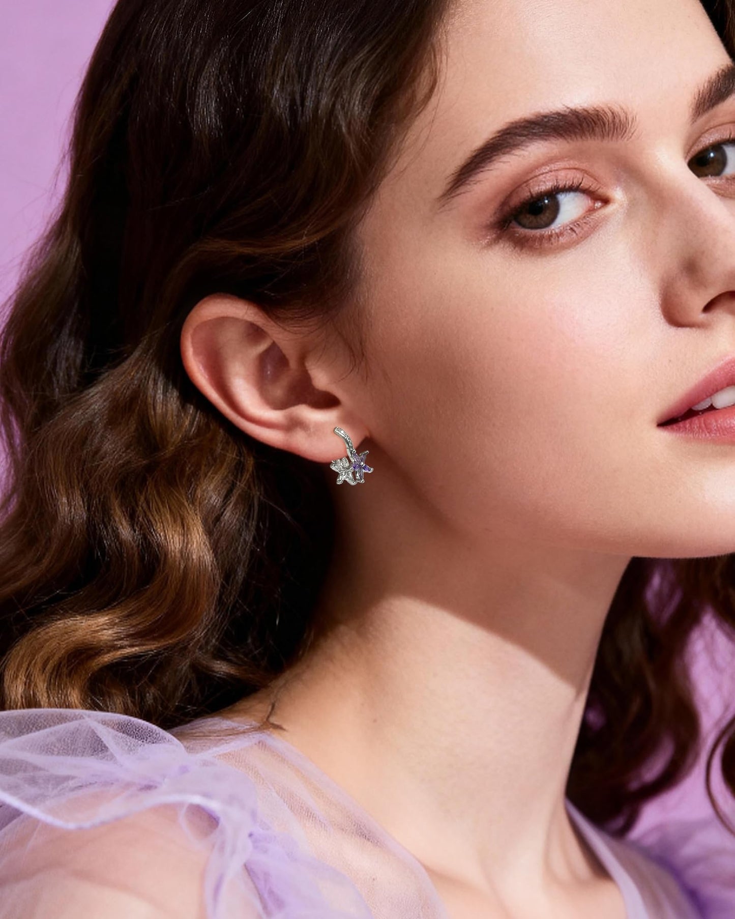 Watforsh 925 Sterling Silver Flower Earrings for Women Leverback Earrings with Purple Crystal Double Floral Hoops for February Amethyst Birthstone Jewelry