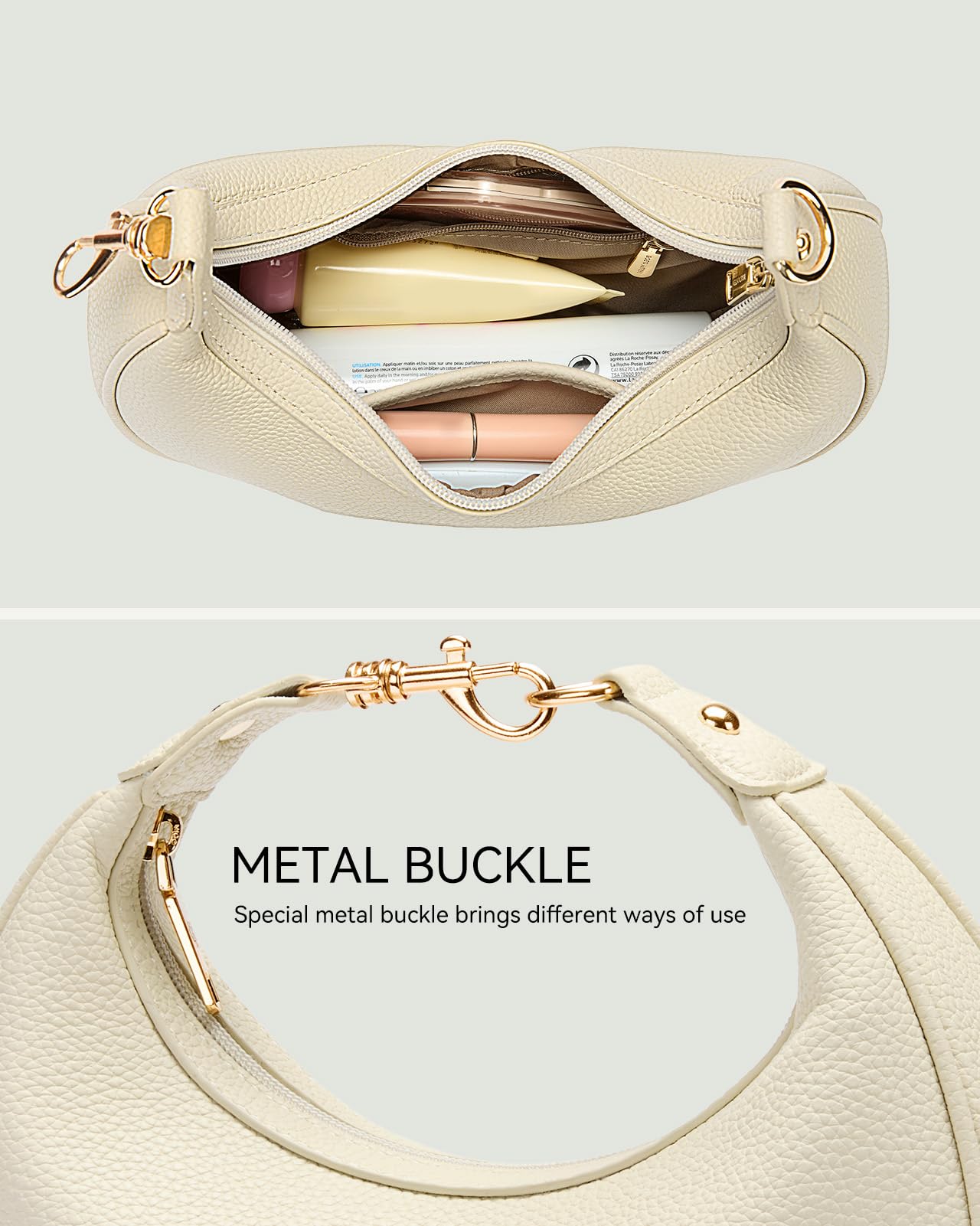 BOSTANTEN Crossbody Purse Small Crescent Shoulder Bags for Women Vegan Leather Clutch Handbag Removable Strap Beige