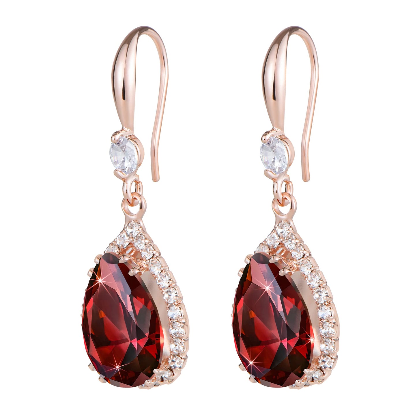Linawe Rose Gold Red Imitation Diamond Dangle Earrings for Women, Ruby Rhinestone Cubic Zirconia Crystal Teardrop Earrings, Wedding Bride Bridesmaids Earrings, Birthstone Jewelry