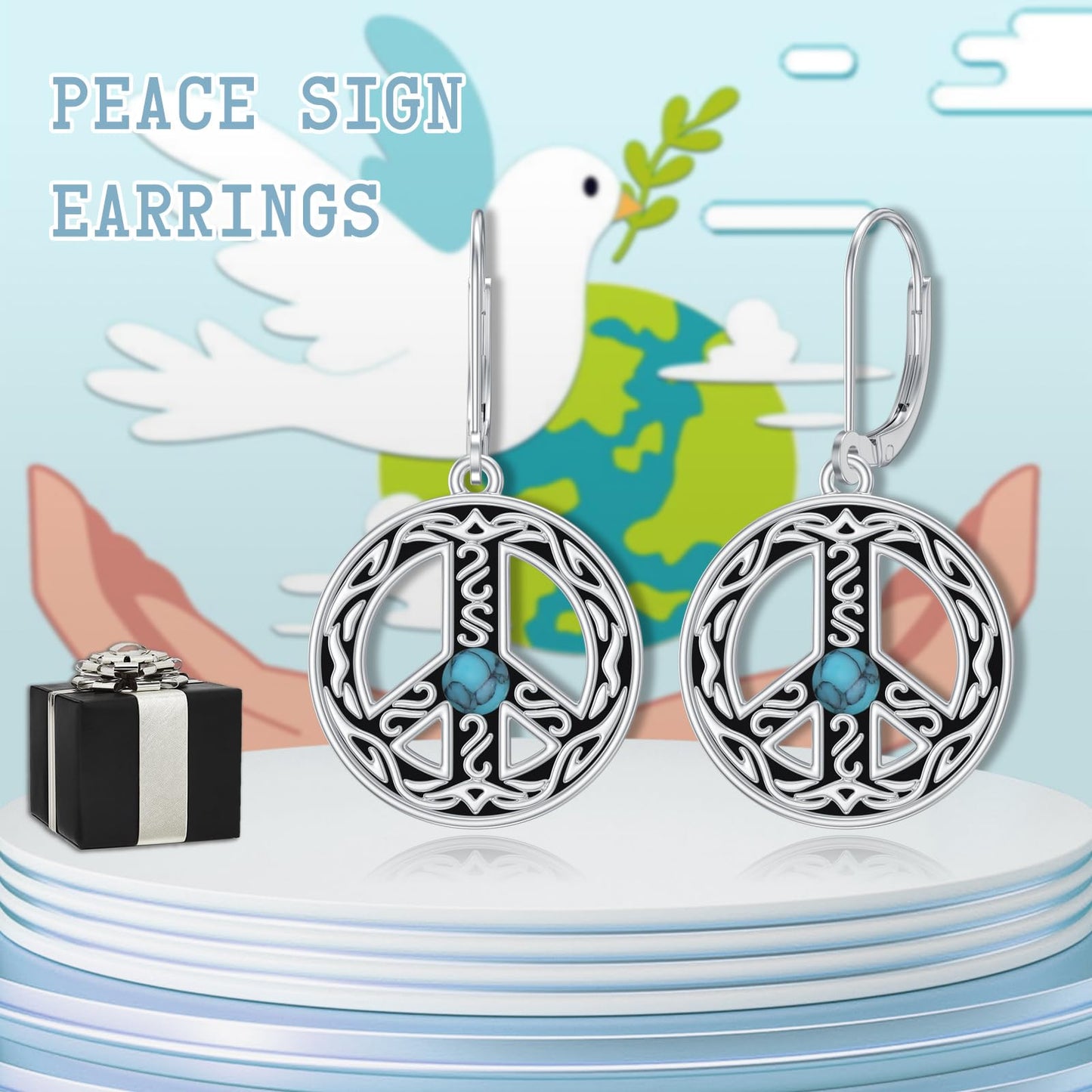 VONALA Peace Sign Earrings 925 Sterling Silver Hippe Peace Symbol Dangle Drop Dangling Earrings Turquoise Leverback Earrings Jewelry Gift for Women