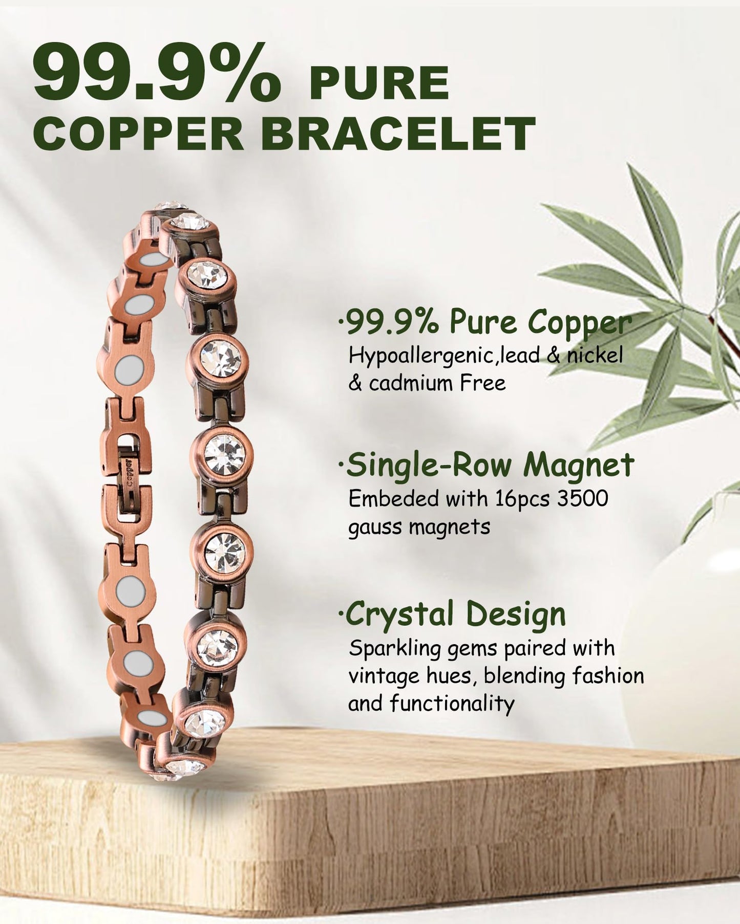 MagEnergy Copper Bracelet for Women, 99.9% Pure Copper Magnetic Bracelet, Adjustable Bracelet Jewelry Gifts (Crystal)