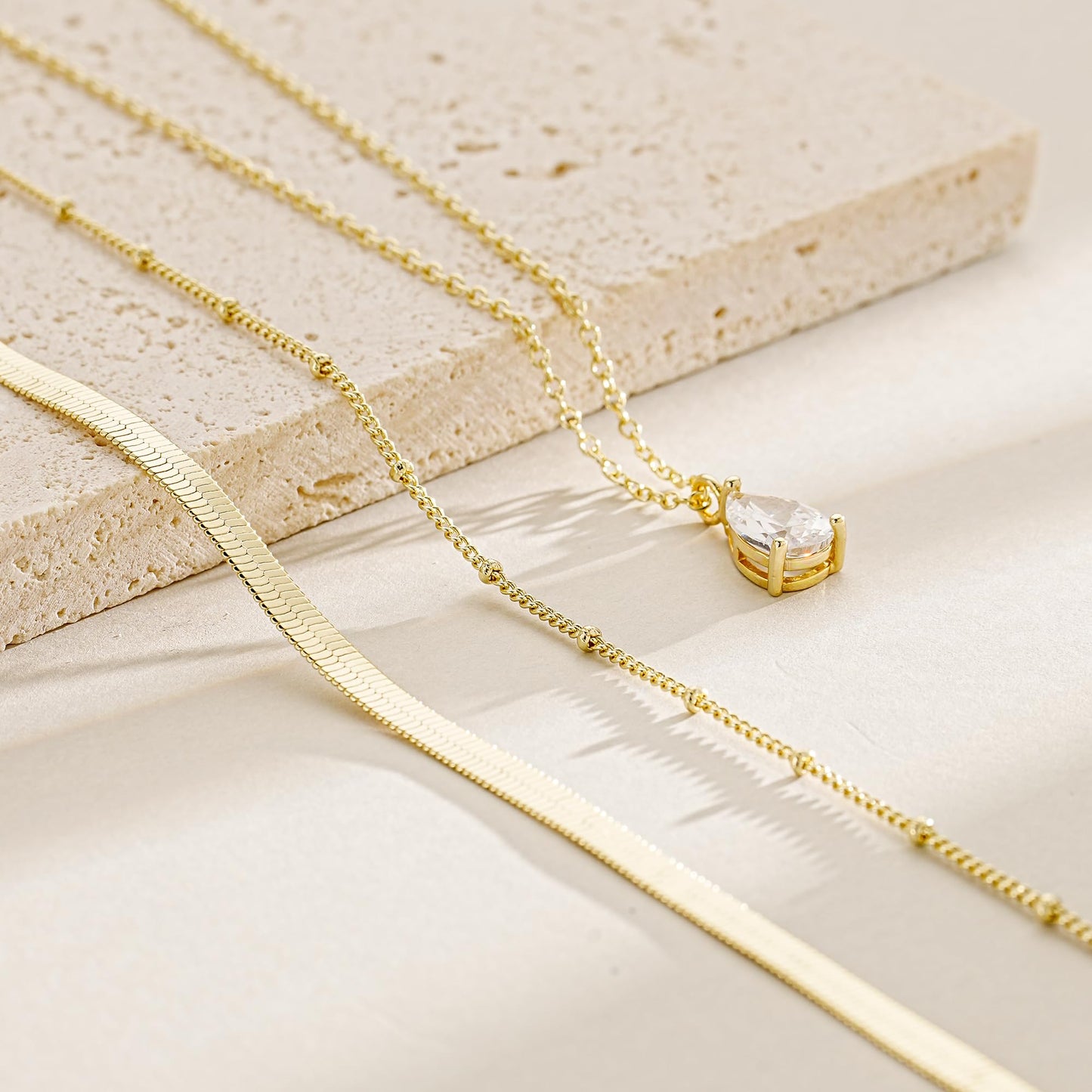 YOIHUR Layered Gold Necklaces for Women, 14K Gold Plated Beading Snake Chian Trendy Layering Water Drop Zircon Pendant Necklace Set Jewelry for Women