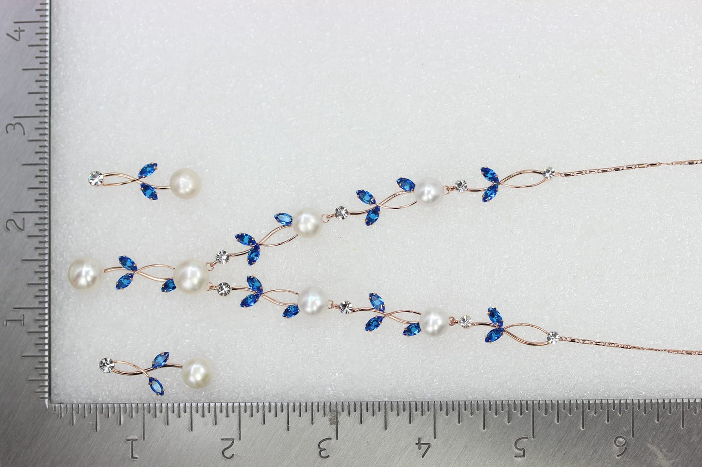 Faship Gorgeous Blue CZ Crystal Genuine Freshwater Pearls Floral Necklace Earrings Set - Blue/Rose Gold Plated