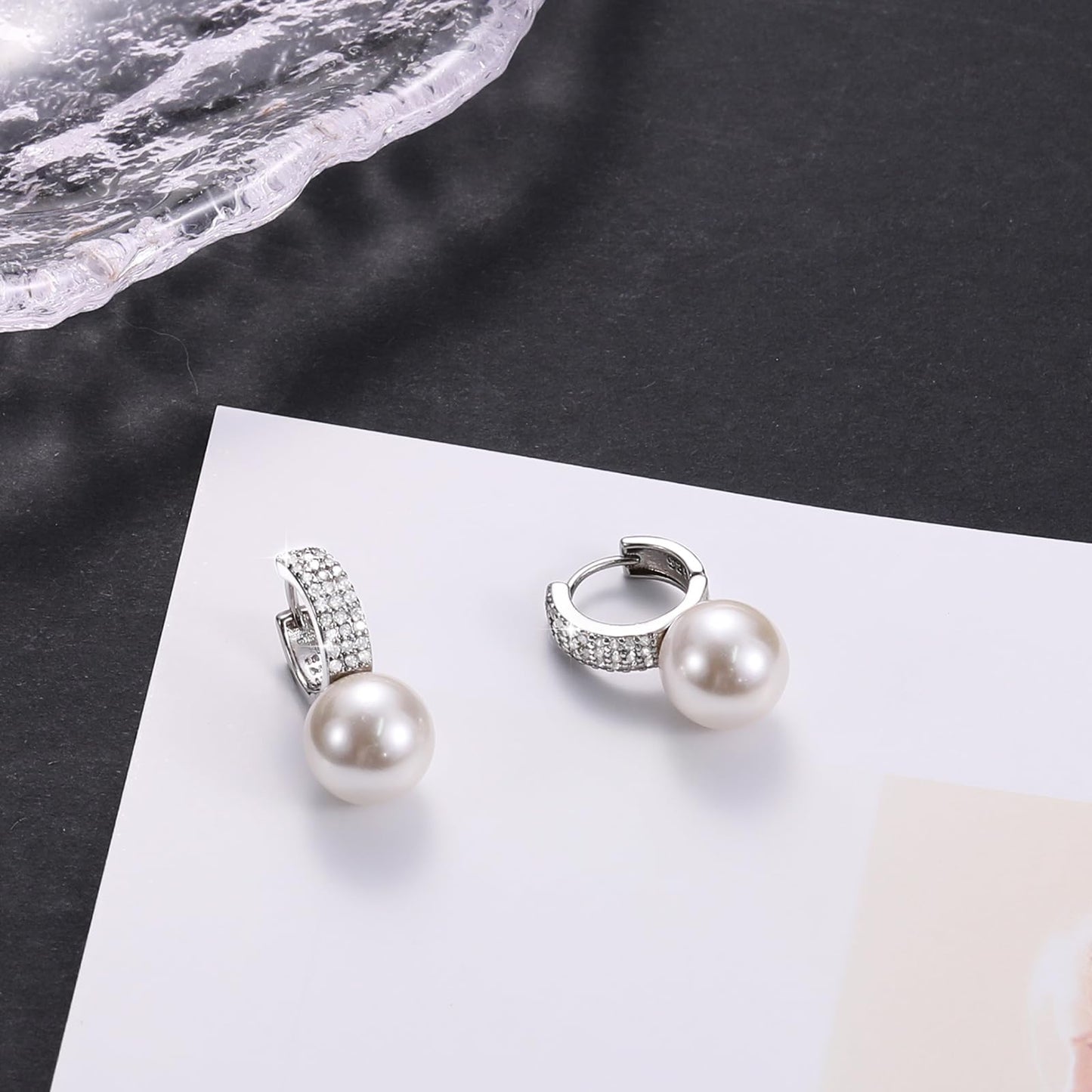 Pearl Earrings for Women 14K Gold Plated Hypoallergenic Pearl Earrings 5A Cubic Zirconia Dangle Earrings Elegant Jewelry (6-Silver)