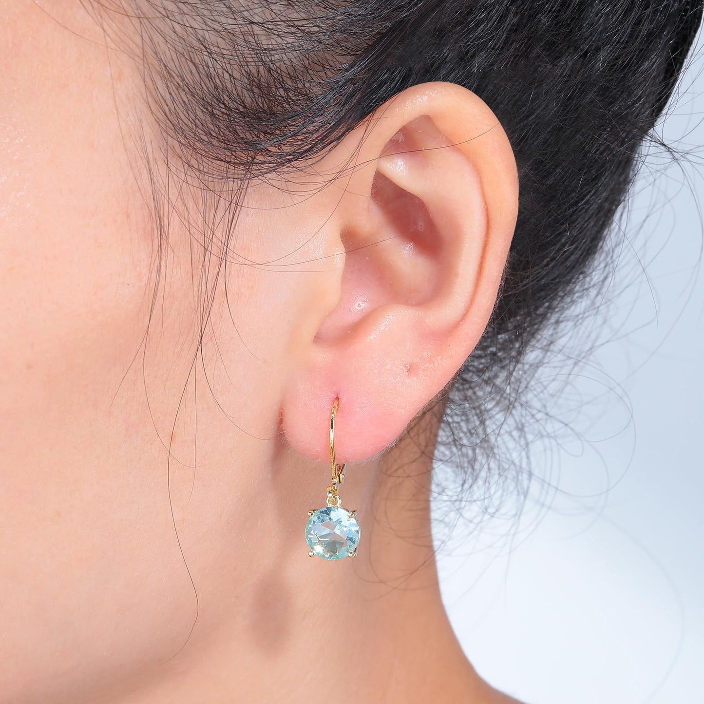CiNily Gold Leverback Dangle Earrings 14K Gold Plated Light Blue Crystal Drop Earrings Summer Jewelry for Women 8 mm