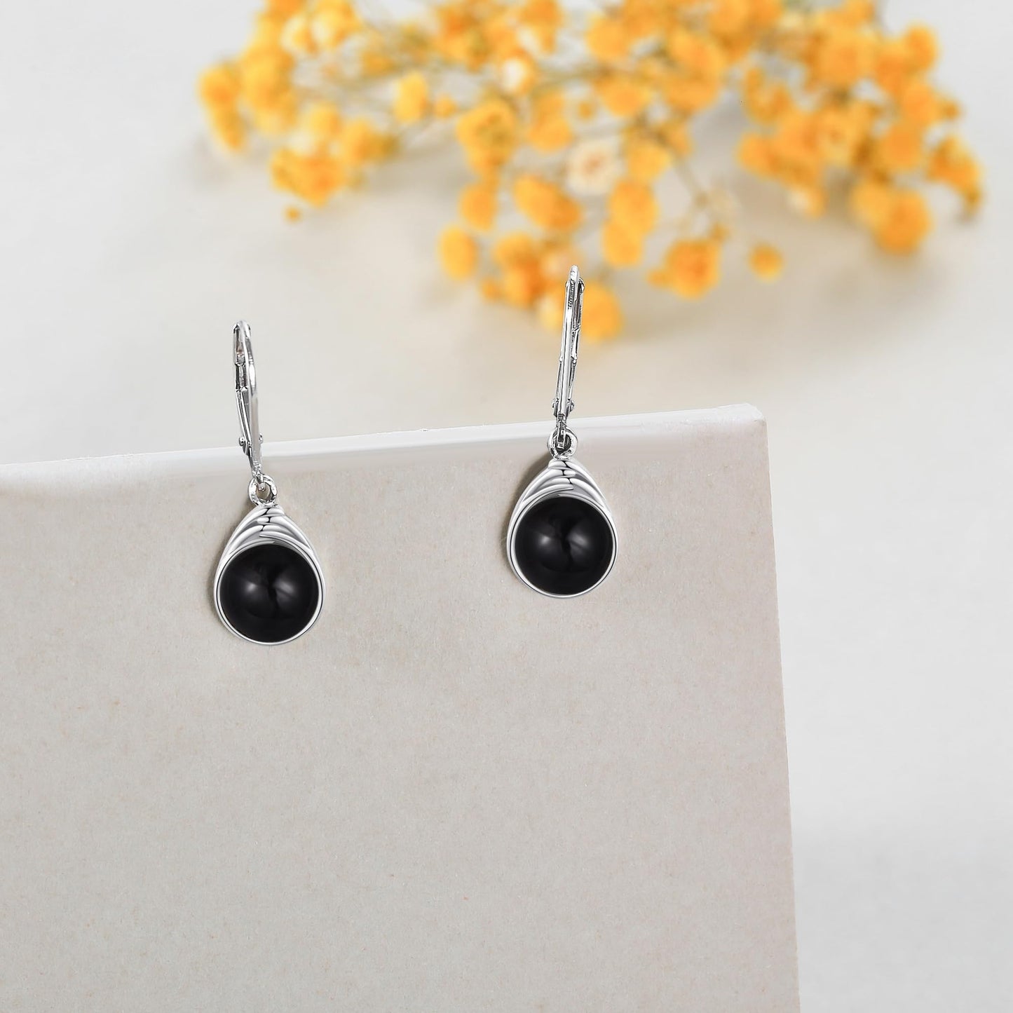 POPLYKE Black Agate Earrings for Women Sterling Silver Round Black Agate Leverback Earrings Dangle Earrings Jewelry Gifts Christmas Birthday