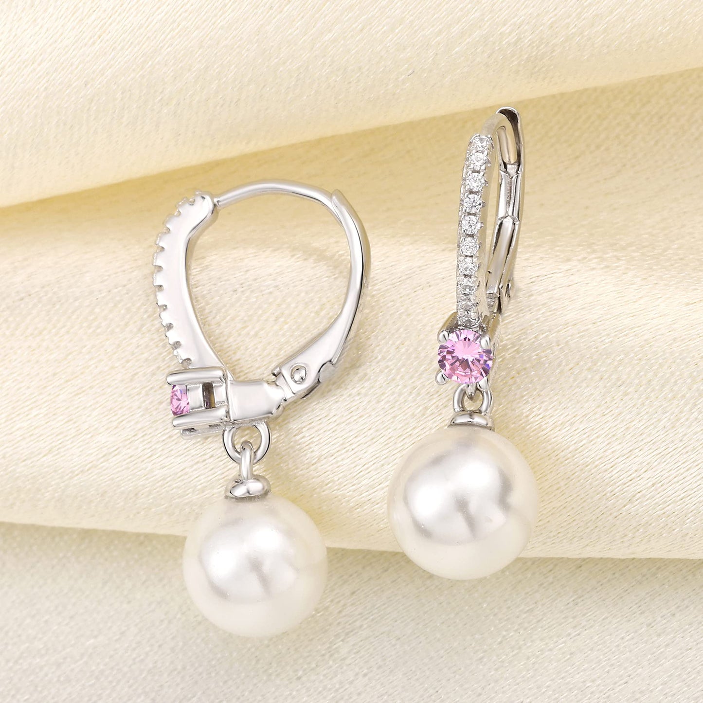 JO WISDOM Pearl Earrings,925 Sterling Silver 3A CZ March Birthstone Aquamarine Color 8mm Pearl Leverback Drop Earrings,Jewelry for Women