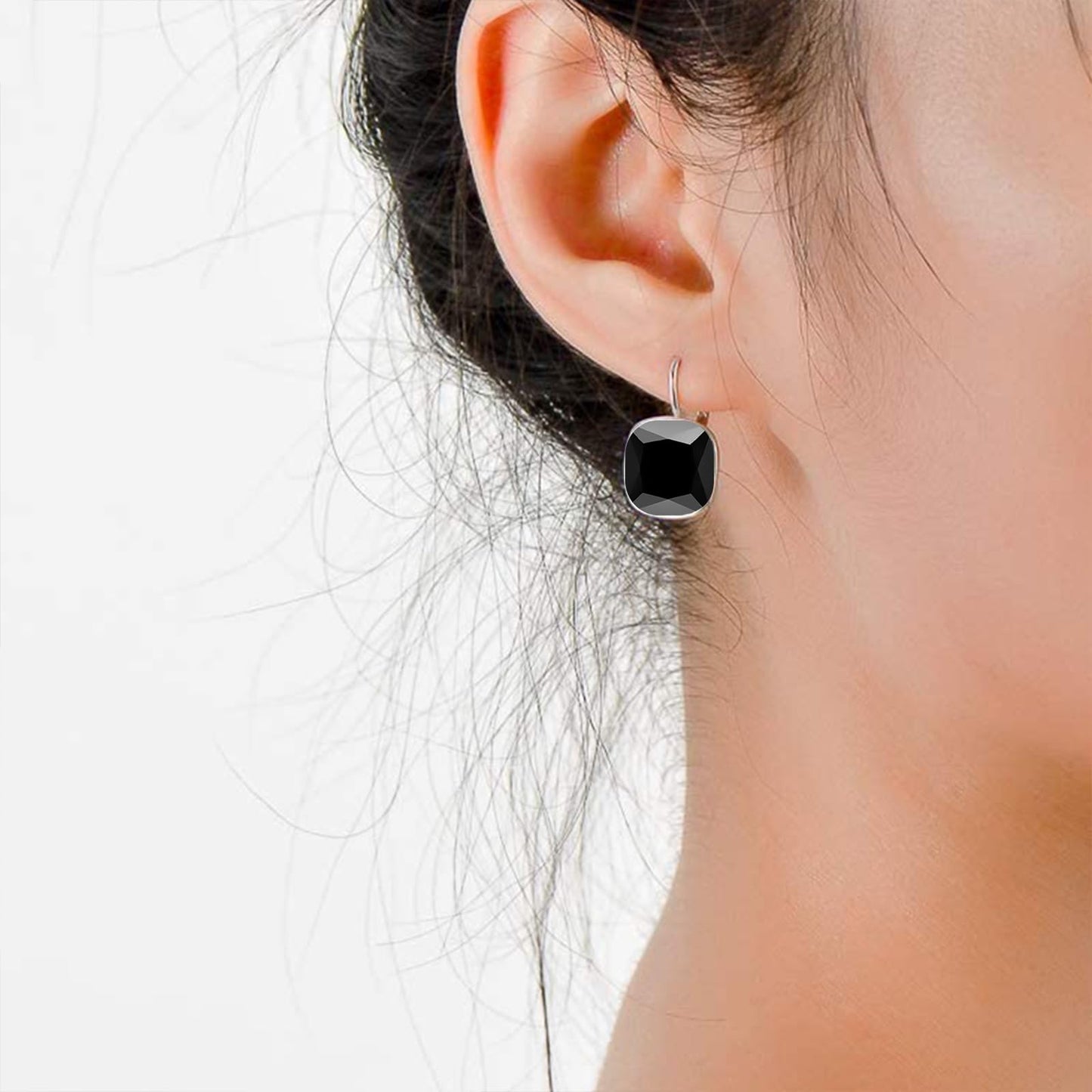 AOBOCO Sterling Silver Leverback Earrings Embellished with Crystals from Austria, Hypoallergenic Cushion Cut Square Crystal Earrings, Fine Anniversary Birthday Jewelry Gifts for Women (Black)