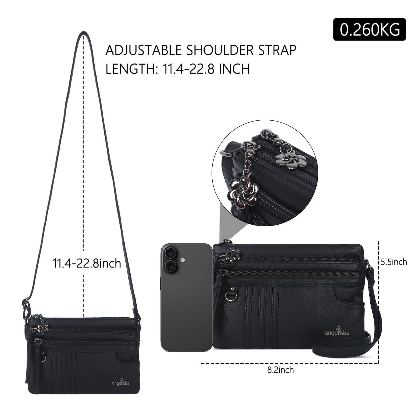 Angel Kiss Small Crossbody Bag for Women Leather Crossbody Purse Triple Compartments Cell Phone Purse Shoulder Bags for Women,Black