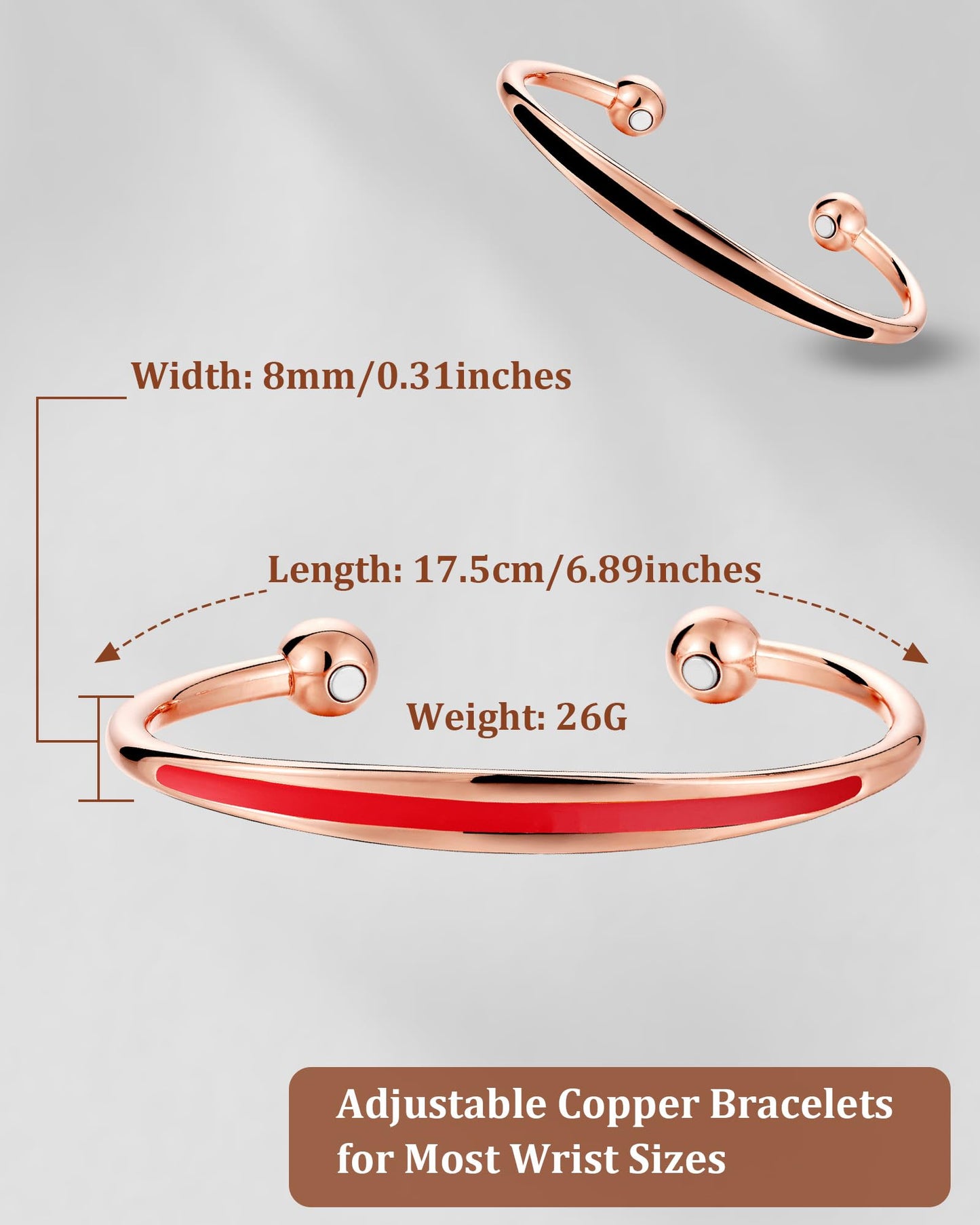BioMag 2Pcs Copper Bracelets for Women Men, 99.9% Pure Copper Magnetic Bracelet Cuff Bangle with 8Pcs Magnets, Adjustable Jewelry Gifts, Black, Red