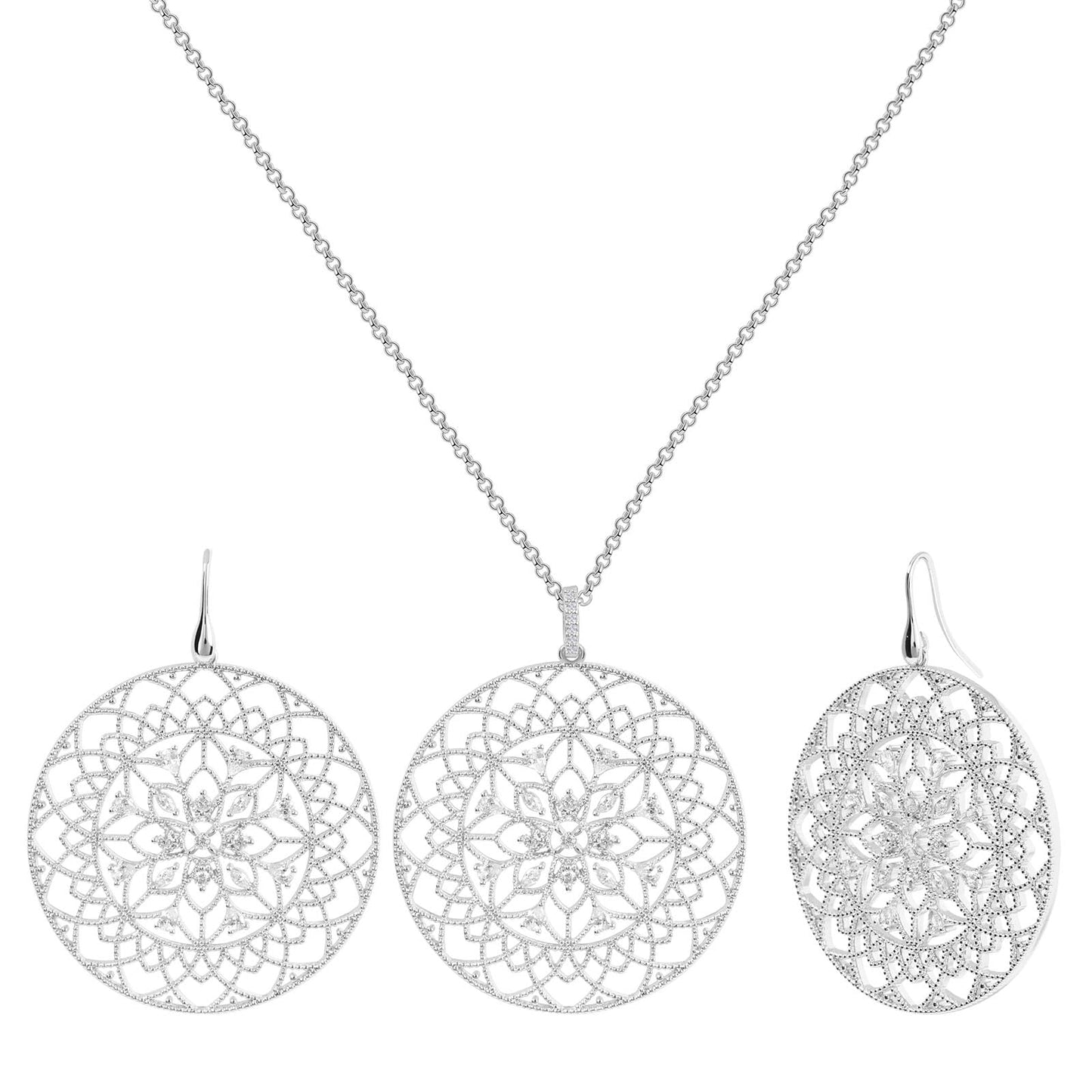 TaYolnFaSo Long Chain Sweater Large Necklace Earrings Set Round Hollow Flower Jewelry Set Cubic Zirconia Flower Jewelry Gift for Women