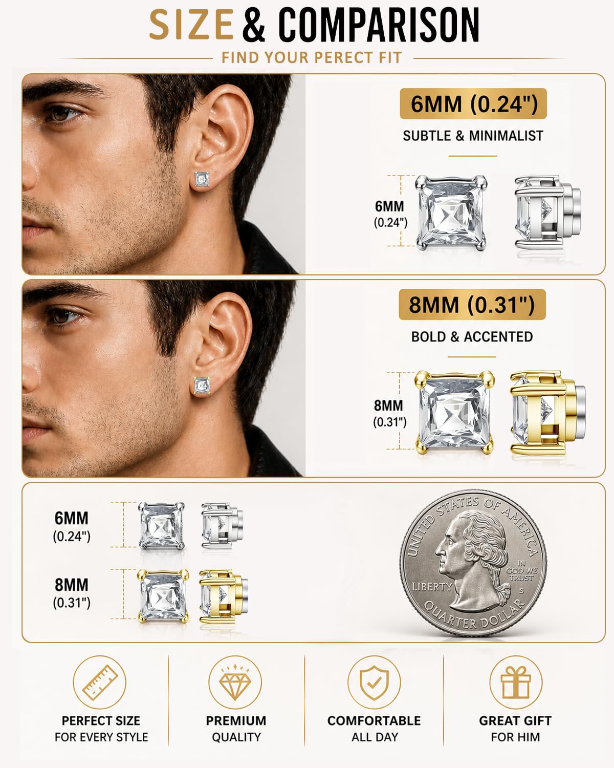 BEFOSHINN Magnetic Stud Earrings for Men and Women, No Piercing Needed, 5 Pairs 316L Stainless Steel CZ Clip On Ear Studs, 6mm Fake Earrings for Non Pierced Ears, Silver Black Gold Rose Gold
