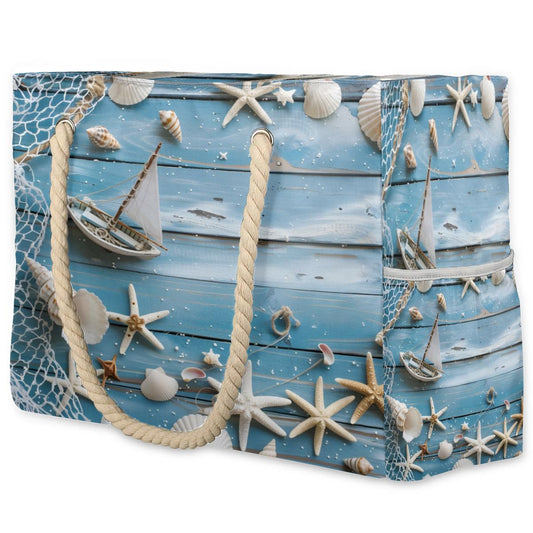 ModaQua Starfish Shell Nautical Beach Bags Waterproof Sandproof for Women, Large with Zipper Pool Beach Tote Reusable Grocery Shoulder Bag for Swim Travel Shopping Vacation Picnic