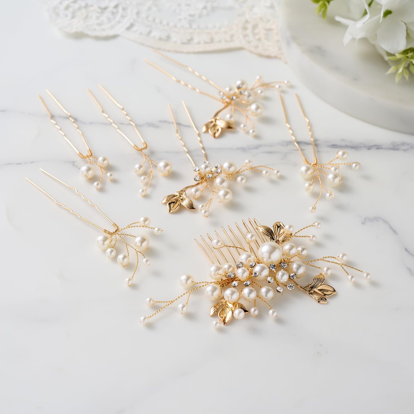 SWEETV Bridal Wedding Hair Accessories Set of 7, Pearl Wedding Hair Comb Rhinestone HairPins Leaf HairPieces Elegant Bridal Headpieces Accessories for Brides Bridesmaids Women Girls