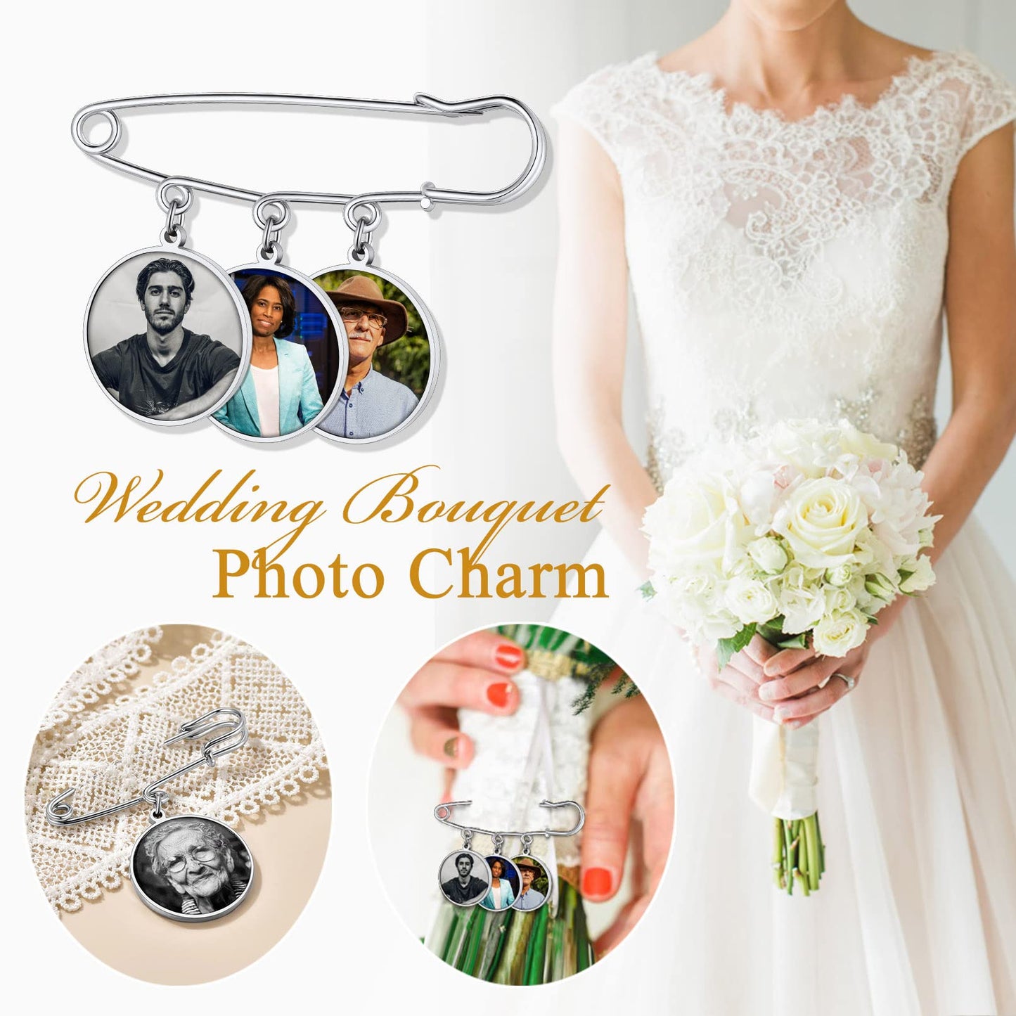 Custom4U Memory Charms for Wedding Bouquet Customized with 3 Pictures Custom Photo Brooch Pins Funeral Boutonniere Round Shaped Charm Memorial Jewelry
