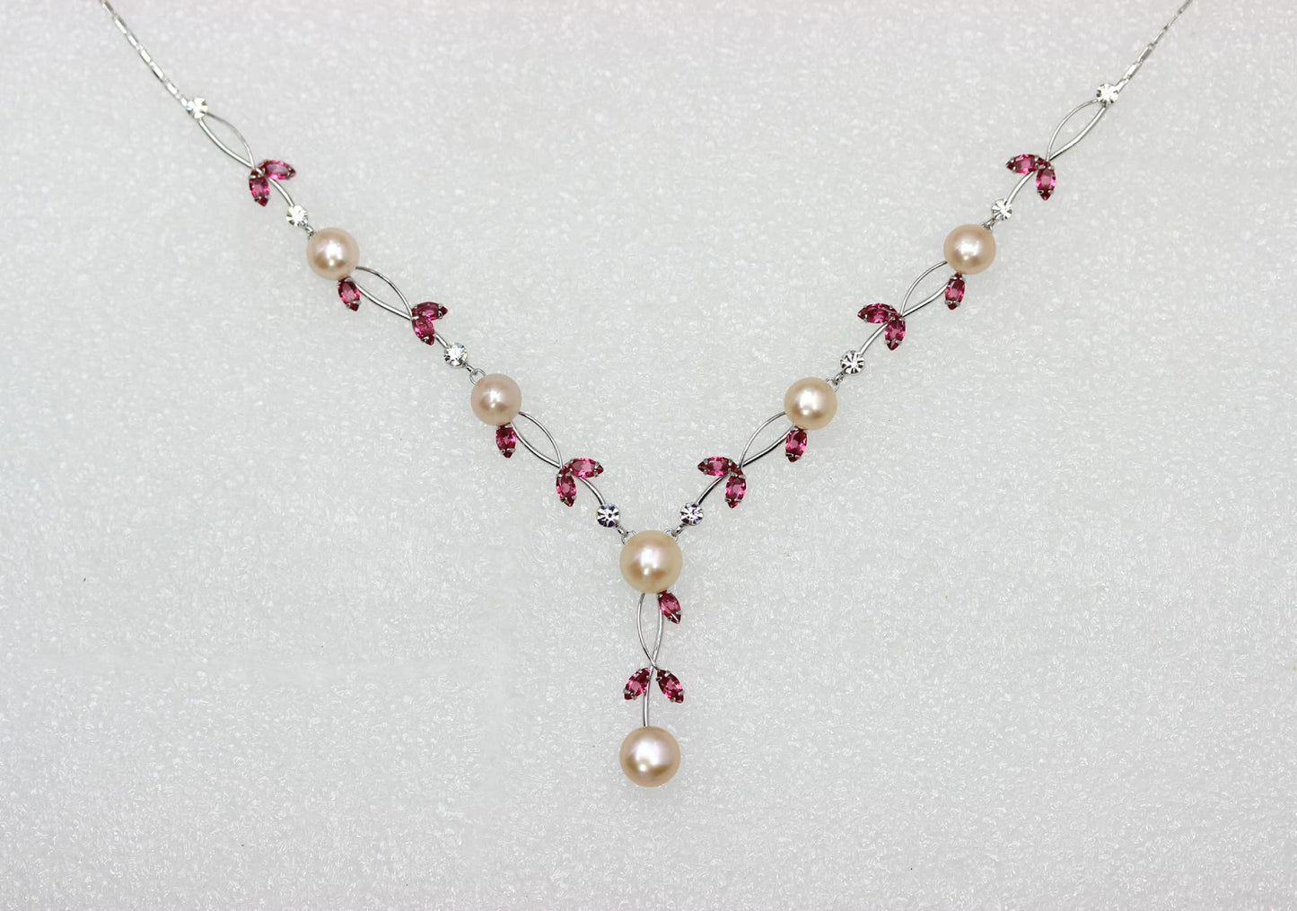 Faship Gorgeous Rose (Pink) CZ Crystal Genuine Freshwater Pearls Floral Necklace Earrings Set - Rose/Silver Tone