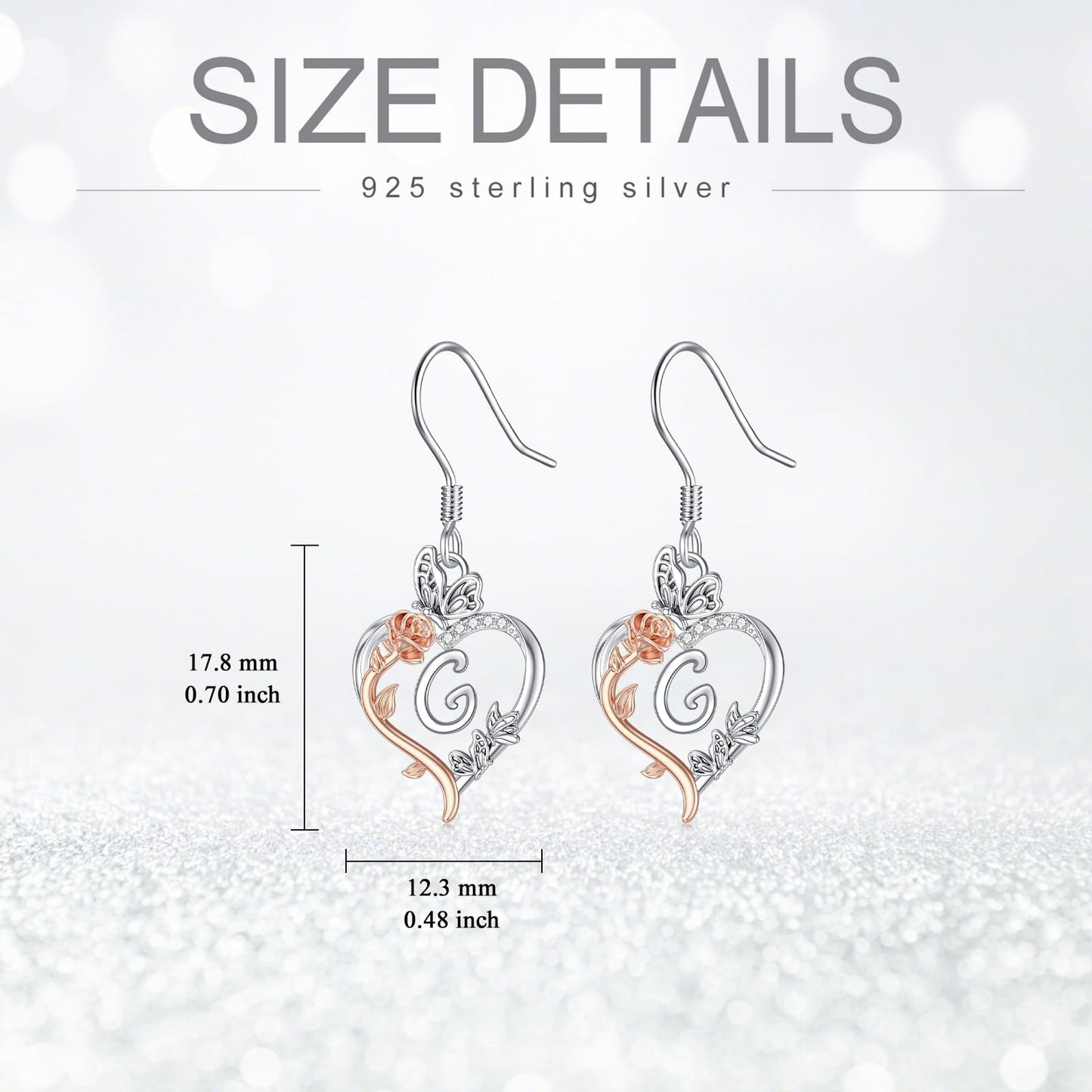TOUPOP Rose Heart Initial Earrings Sterling Silver Butterfly Earring Initial G Letter Drop Dangle Earrings Jewelry Anniversary Birthday Mothers Day Gifts for Women Mom Wife Girlfriend Her