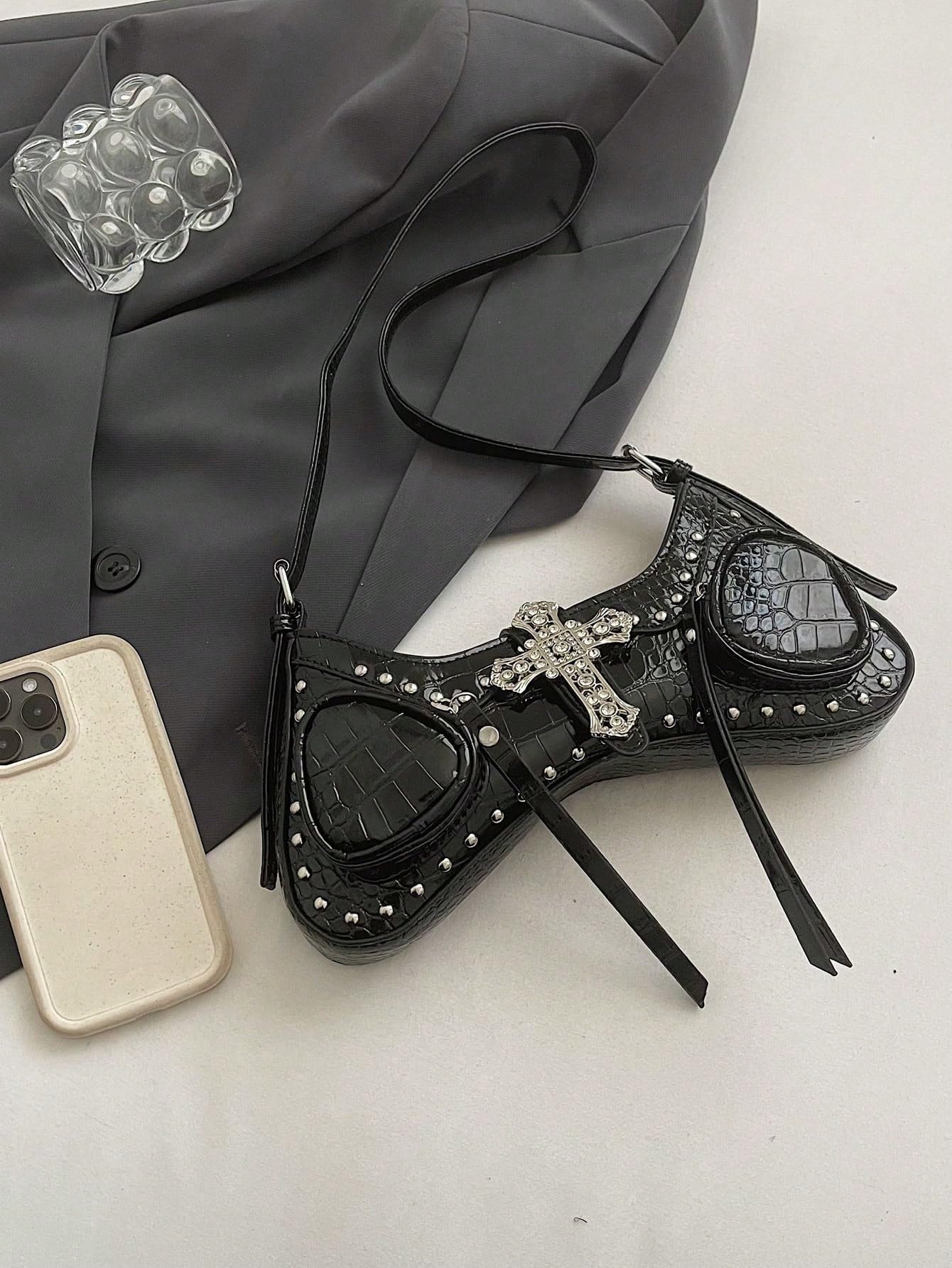 Verdusa Women's Y2k Studded Cross Shoulder Handbags Punk Top Handle Portable Underarm Bags Black One Size