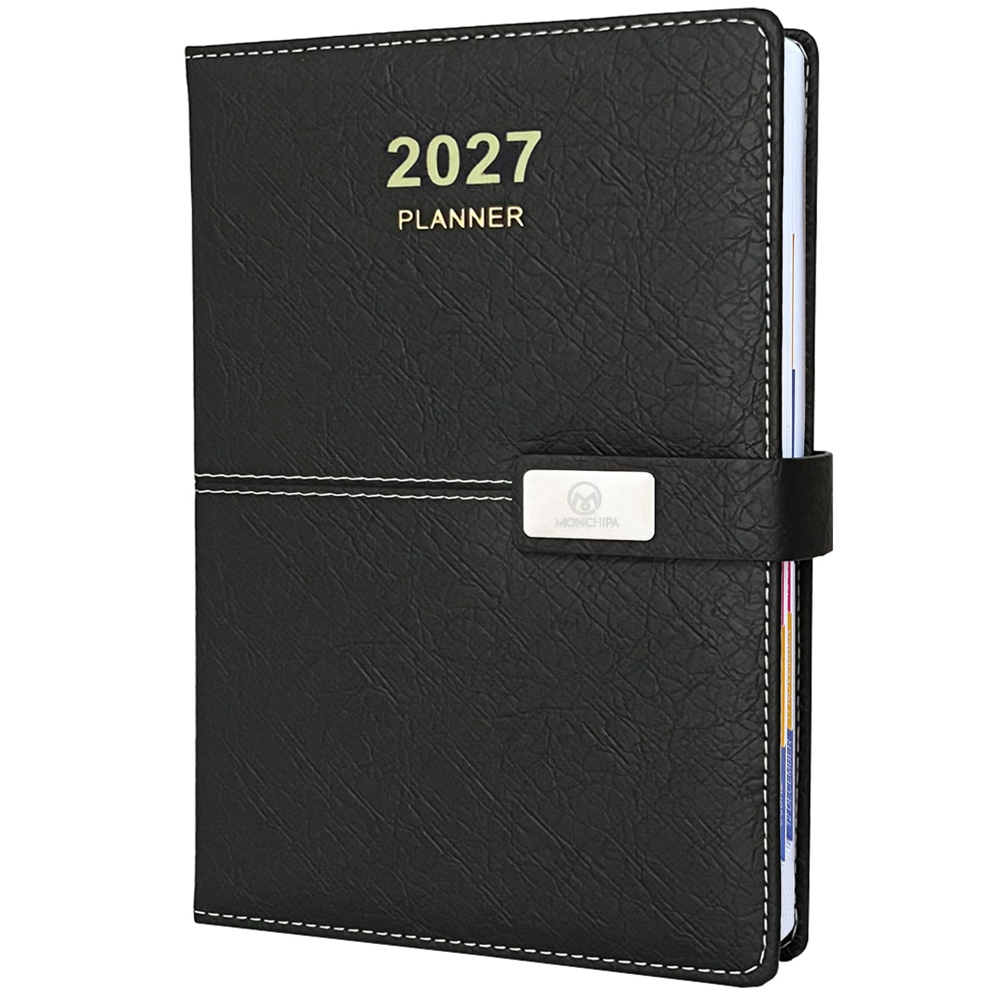2027 Daily Planner - One Page per Day, 2027 Hourly Daily Calendar(Jan-Dec 2027), 5.7" x 8.26" Appointment Book, Leather Cover + Thick Paper (Black)