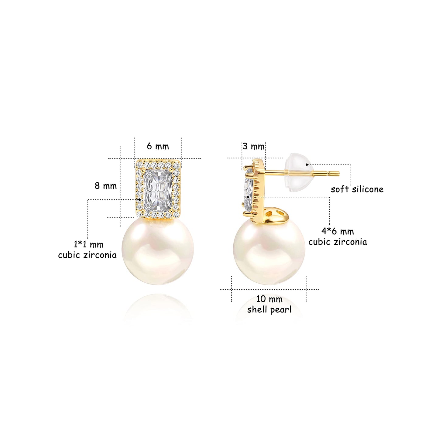 18k Gold Plated Shell Pearl Drop Earrings Emerald Cut Cubic Zirconia Halo Stud Earrings Trendy Dainty Wedding Jewelry Elegant for Bridal