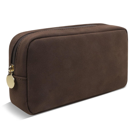 UIXIZQ Small Makeup Pouch for Purse, Suede Travel Toiletry Storage Pouch Cute Preppy Cosmetic Bag for Women Girls, Waterproof Makeup Organizer Skincare Bag Purse with Zipper (Small-Coffee)