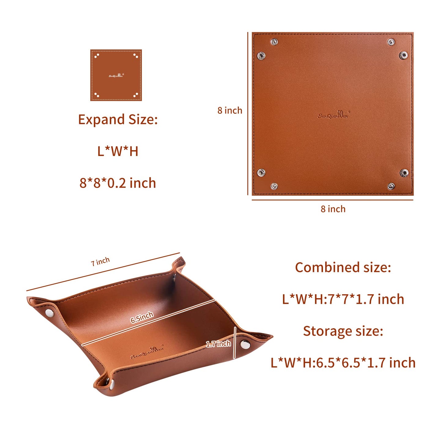 SANQIANWAN Leather Jewelry Valet Tray for Women and Man, Portable Entryway Table Tray Bedside Nightstand Desk Tray Small Catchall Travel Dish Plate for Key,Wallet,Watch,Coin (2PCs Brown-B)