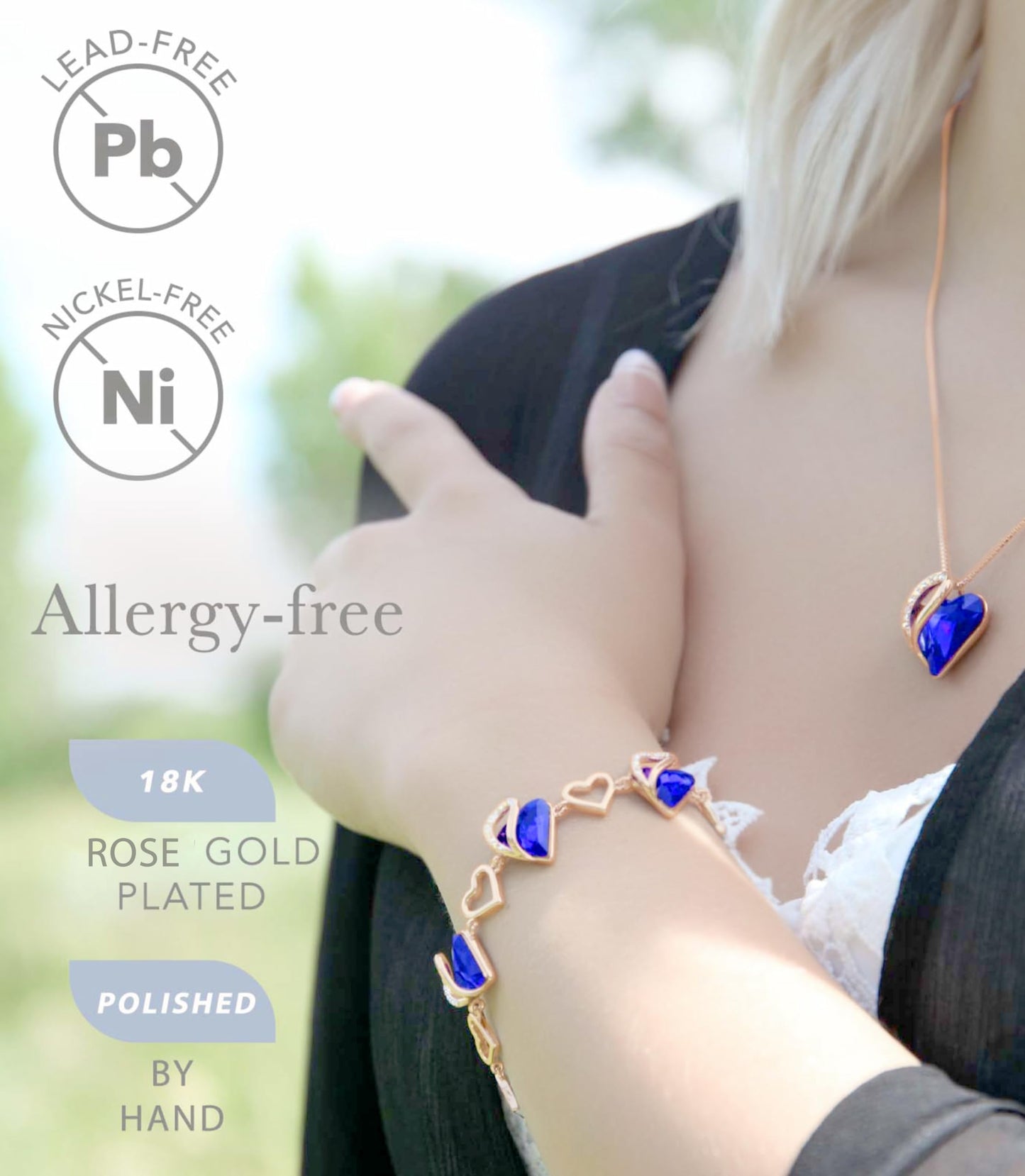 Leafael Gifts for Women Rose Gold Plated Necklaces: Heart Dark Sapphire Blue Crystal, September Birthstone, Hypoallergenic Chain (18"+2"), Birthday Jewelry for Mom and Wife