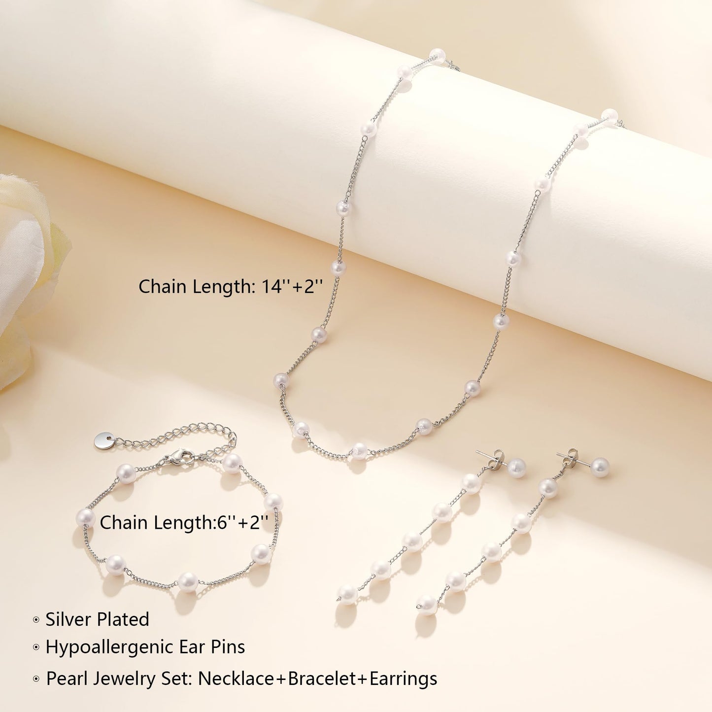 Fezodo Silver Jewelry Set for Women, Silver Pearl Necklace and Earring Set With Pearl Earrings Bracelet Wedding Jewelry Sets for Bride, Bridal Prom Pearls Jewelry