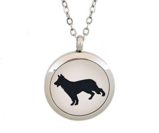 Aromatherapy Essential Oil Diffuser Stainless Steel 30MM Silver Magnetic Locket Pendant 2 Sizes Chain Necklace, Refill Pads & Diffuser Bracelet in a Velvet Bag (Dog)