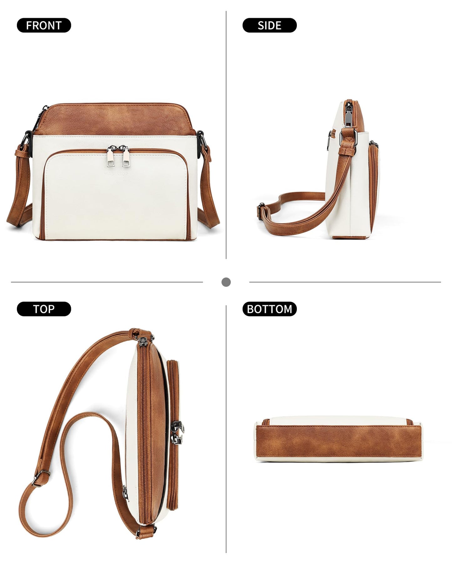 MASINTOR Crossbody Purse Bags for Women, Multi-Pocket Soft Leather Shoulder Purse, Lightweight Travel Handbag with Adjustable Strap Gypsum White with Brown