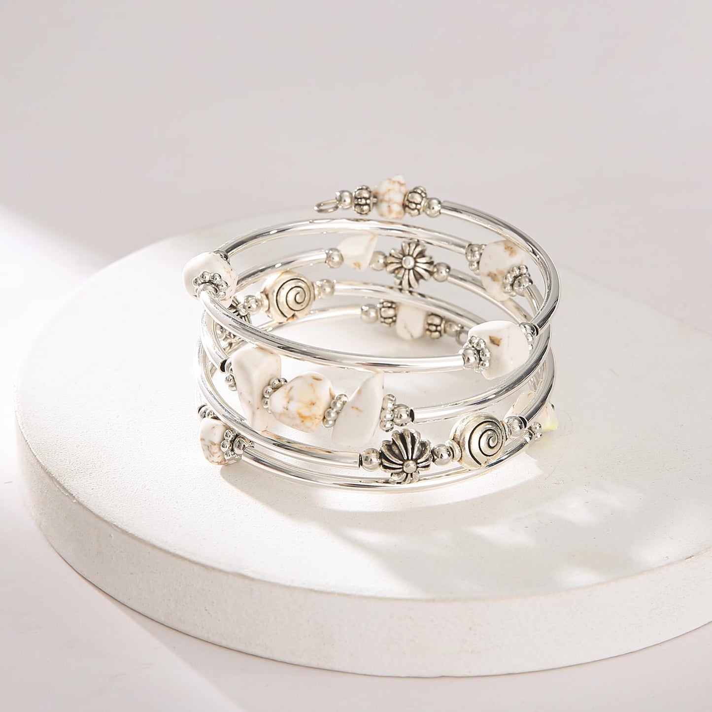 FULU AUTUMN Stone Silver Bangle Wrap Bracelet Boho Turquoise Crystal Chips Bead Bracelets Fashion Jewelry Birthday Gifts for Women(19-White turquoise)