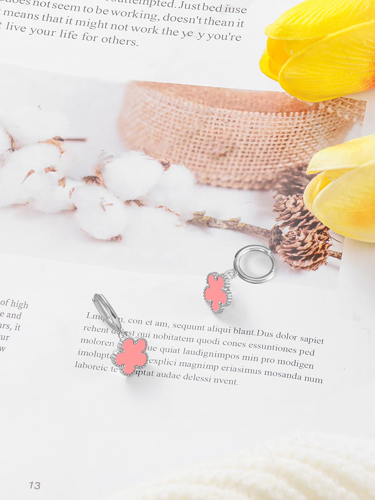 Gold Plated Five Leaf Clover Dangle Earrings for Women Lucky Flower Jewelry (Pink-White Gold Plated)