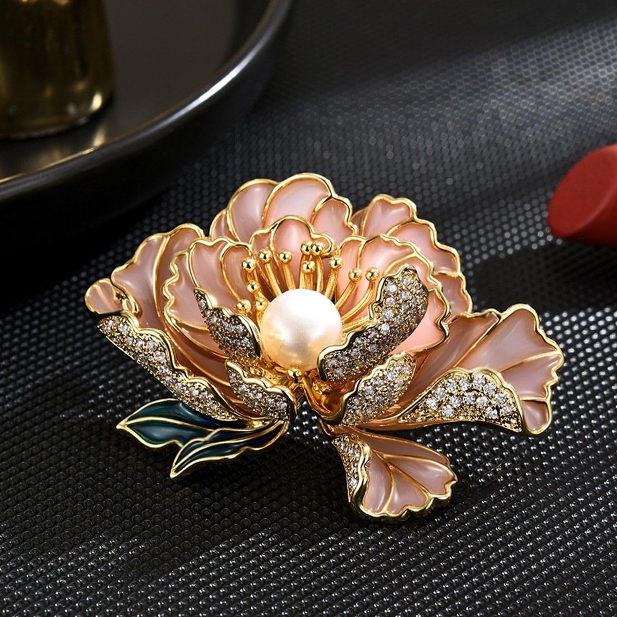 UNVAK Enamel Peony Flower Brooch Pin - 18k Gold Plated Pearl Lapel Pin Jewelry - Thanksgiving Day Birthday Gifts Dress Accessories for Mom Wife