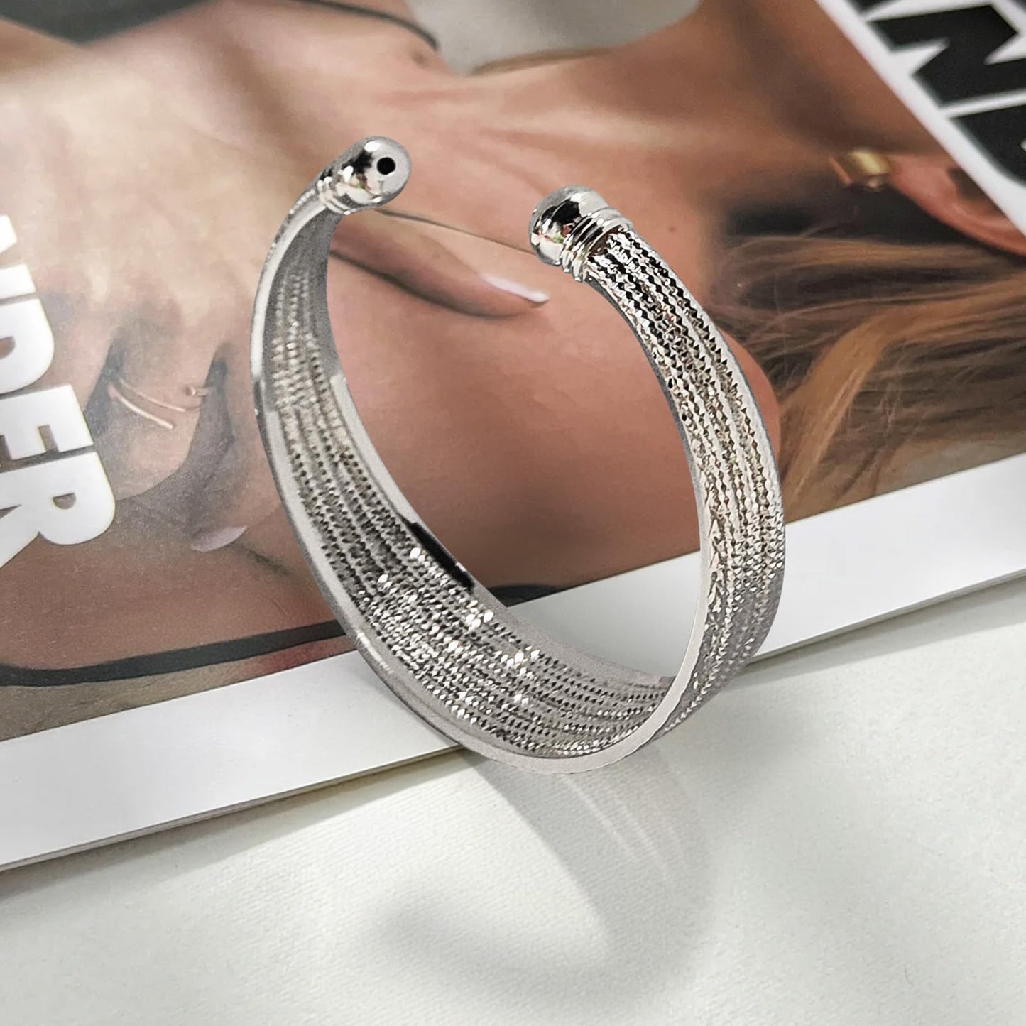 Shiny Wide Cuff Bracelets for Women 925 Sterling Silver Open Adjustable Bangles Handmade Multi-line Stack Bracelet Minimalist Silver Cuff Bracelet Teen Girls Fashion Women Jewelry gift for Lover wife